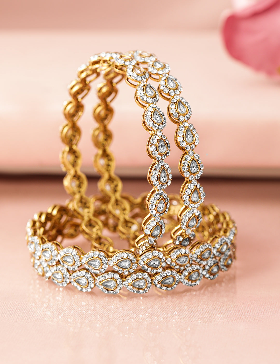 Wentra Set of 4 18K Mehandi Gold-Plated Kundan & Cubic Zirconia Studded Handcrafted Bangle