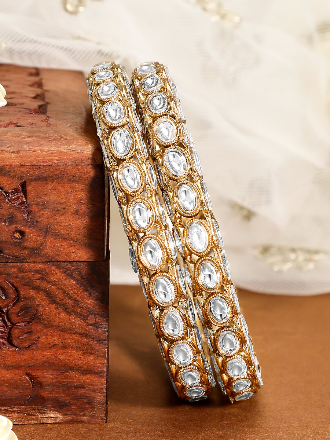 Wentra Set of 2, 18K Gold-Plated Kundan Studded Handcrafted Traditional Bangles