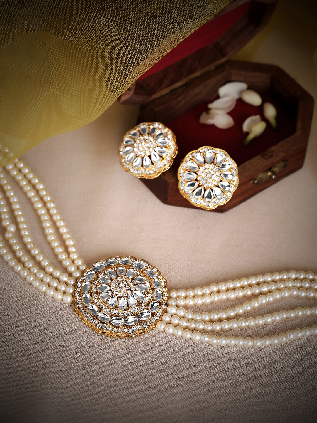 Wentra Gold Plated Elegant Kundan Choker Set With White Beads.