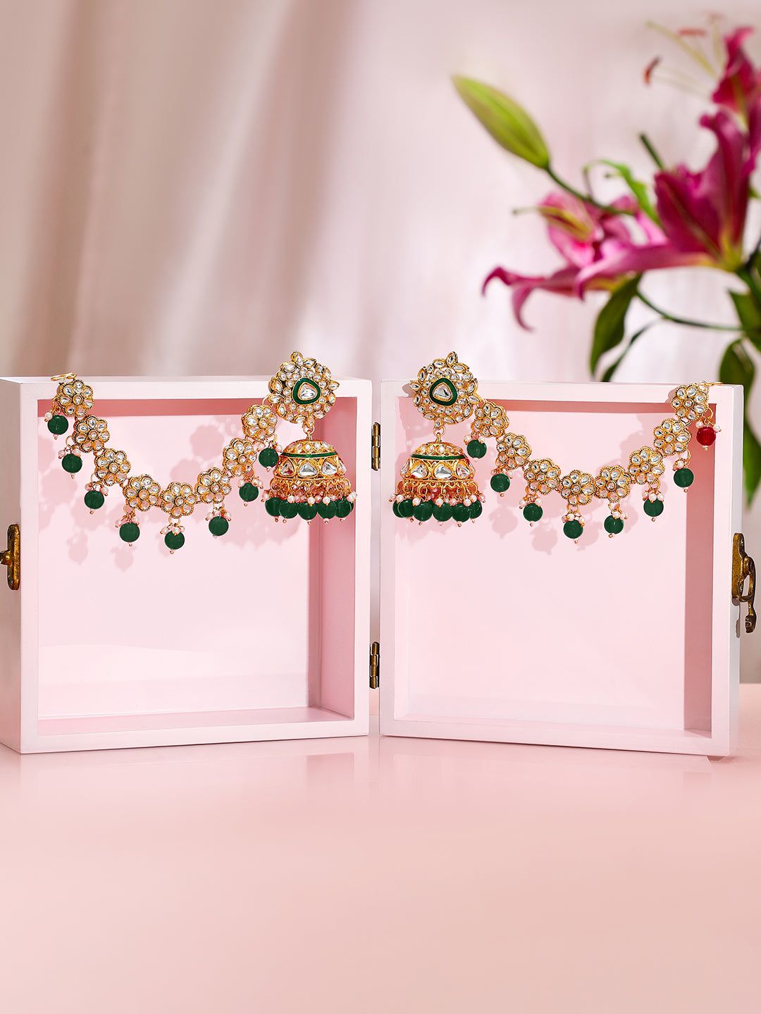 Royal Kaan Chain Kundan Green Jhumka Earrings