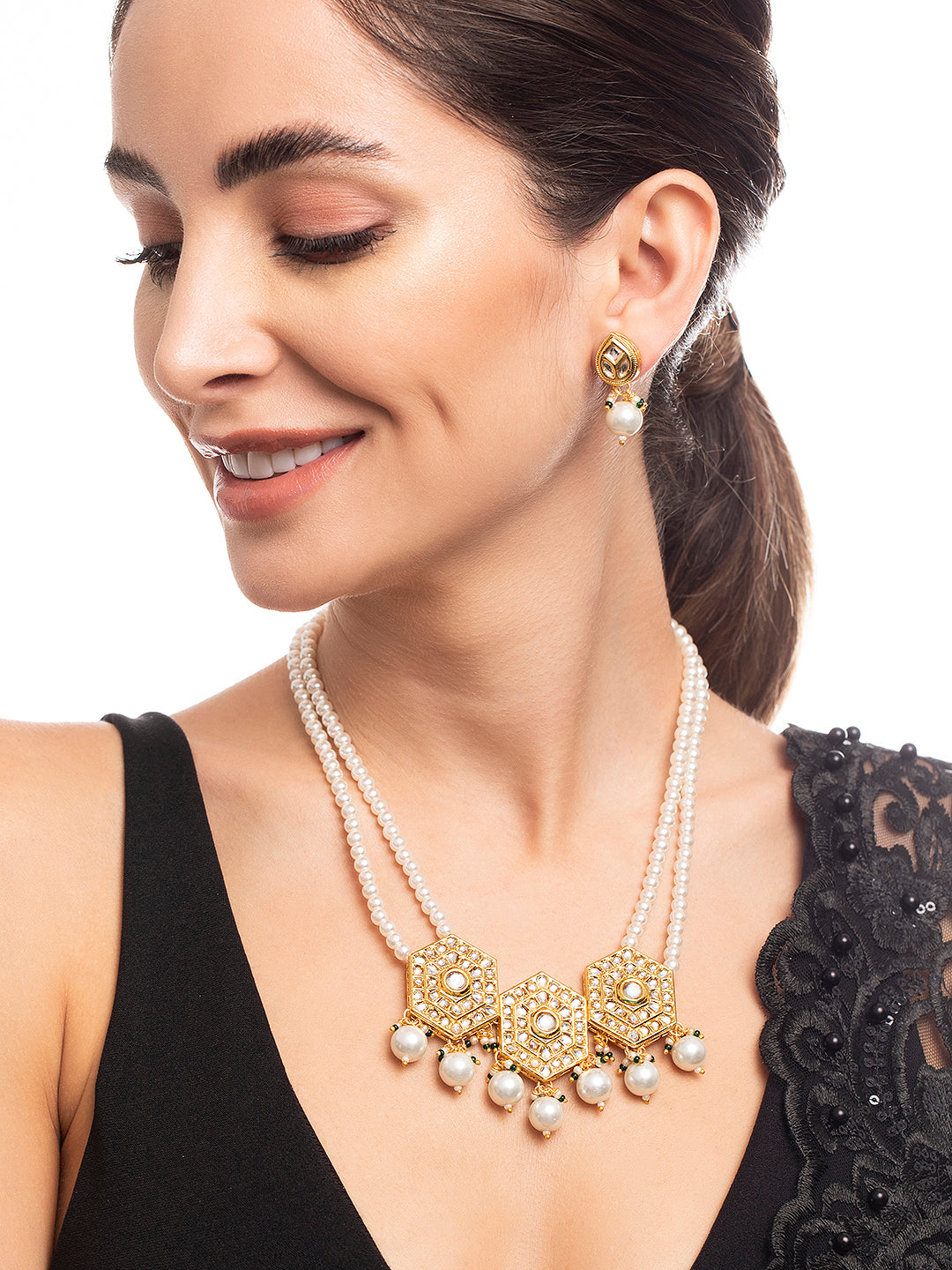 Wentra 22K Gold Plated Pendant Kundan Necklace Set With Pearls