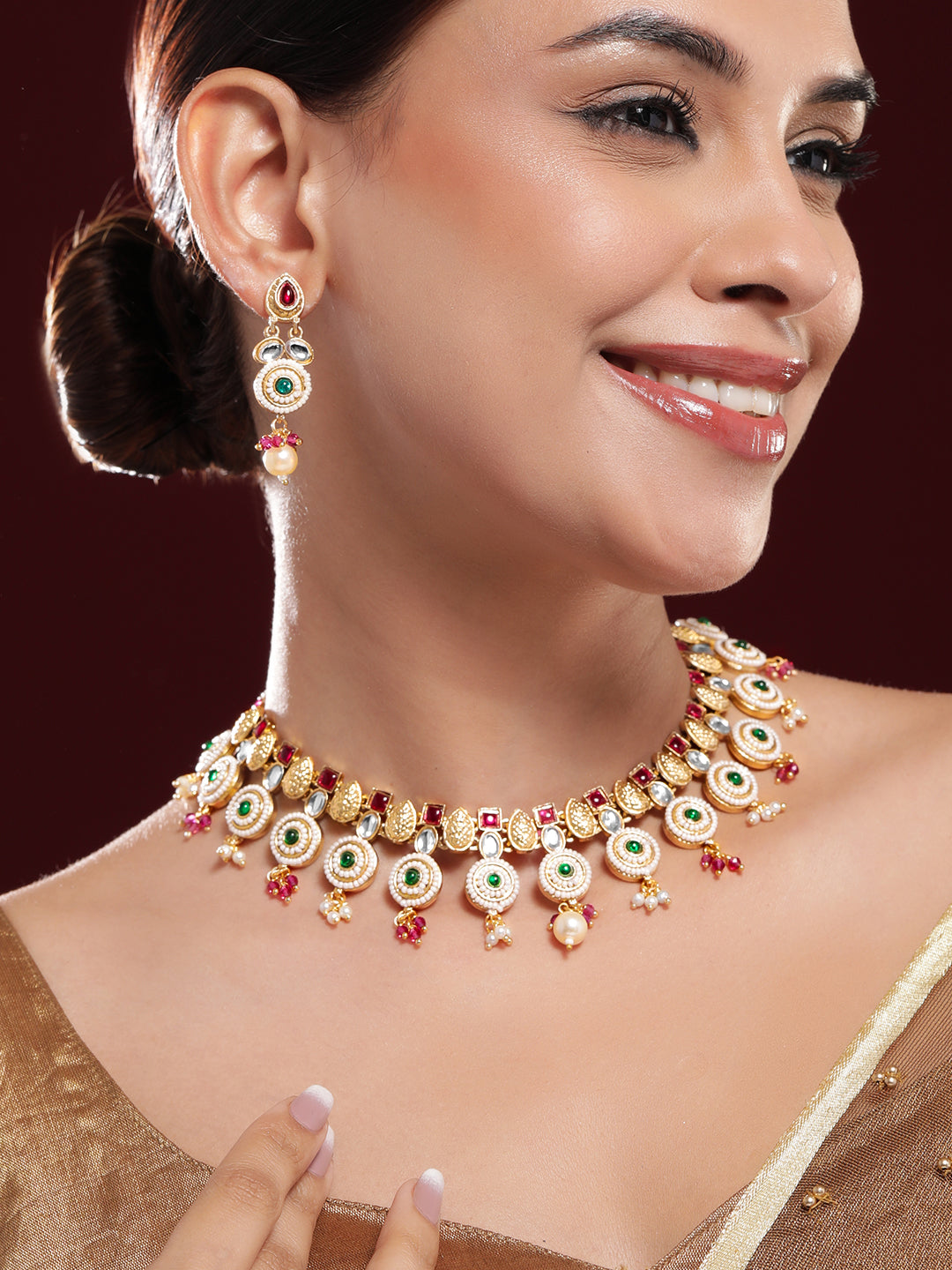 Multicolor Studded Gold Beaded Necklace Set