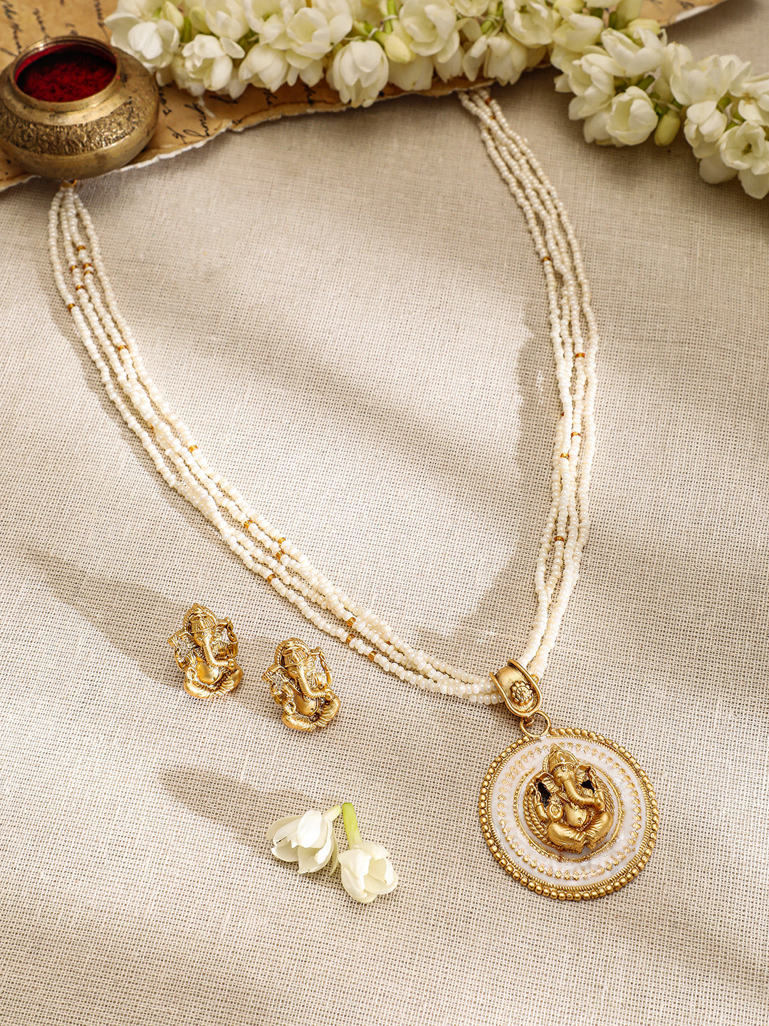 Ganesh Motif Pearl Beaded Pendant Necklace set