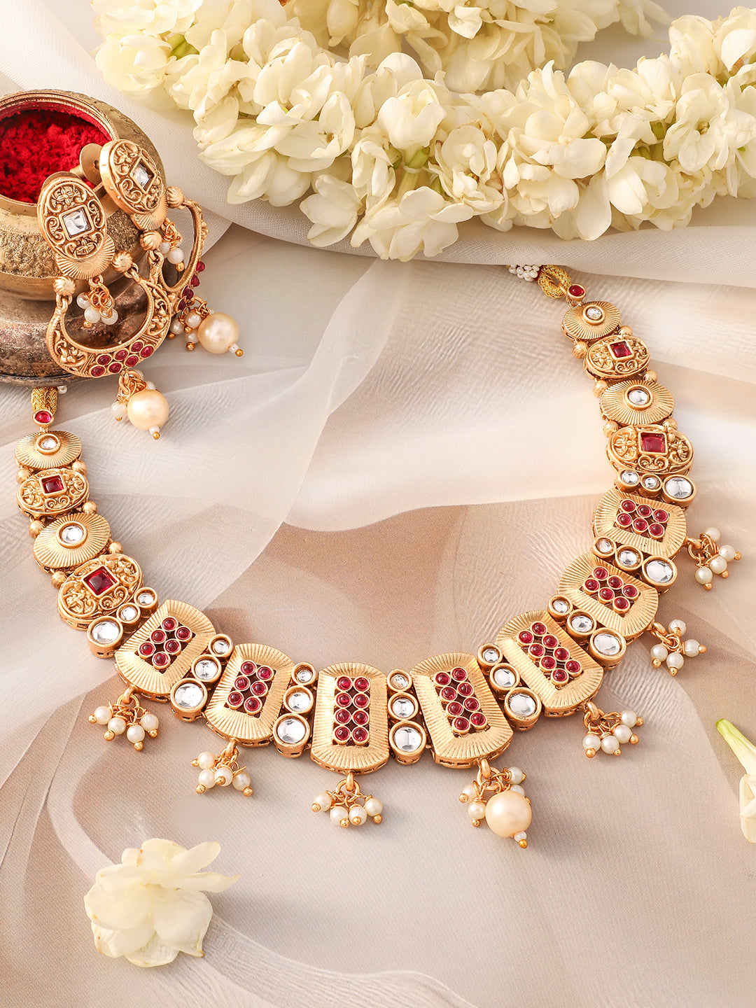 Rectangle Motif Pearl Golden Necklace Set