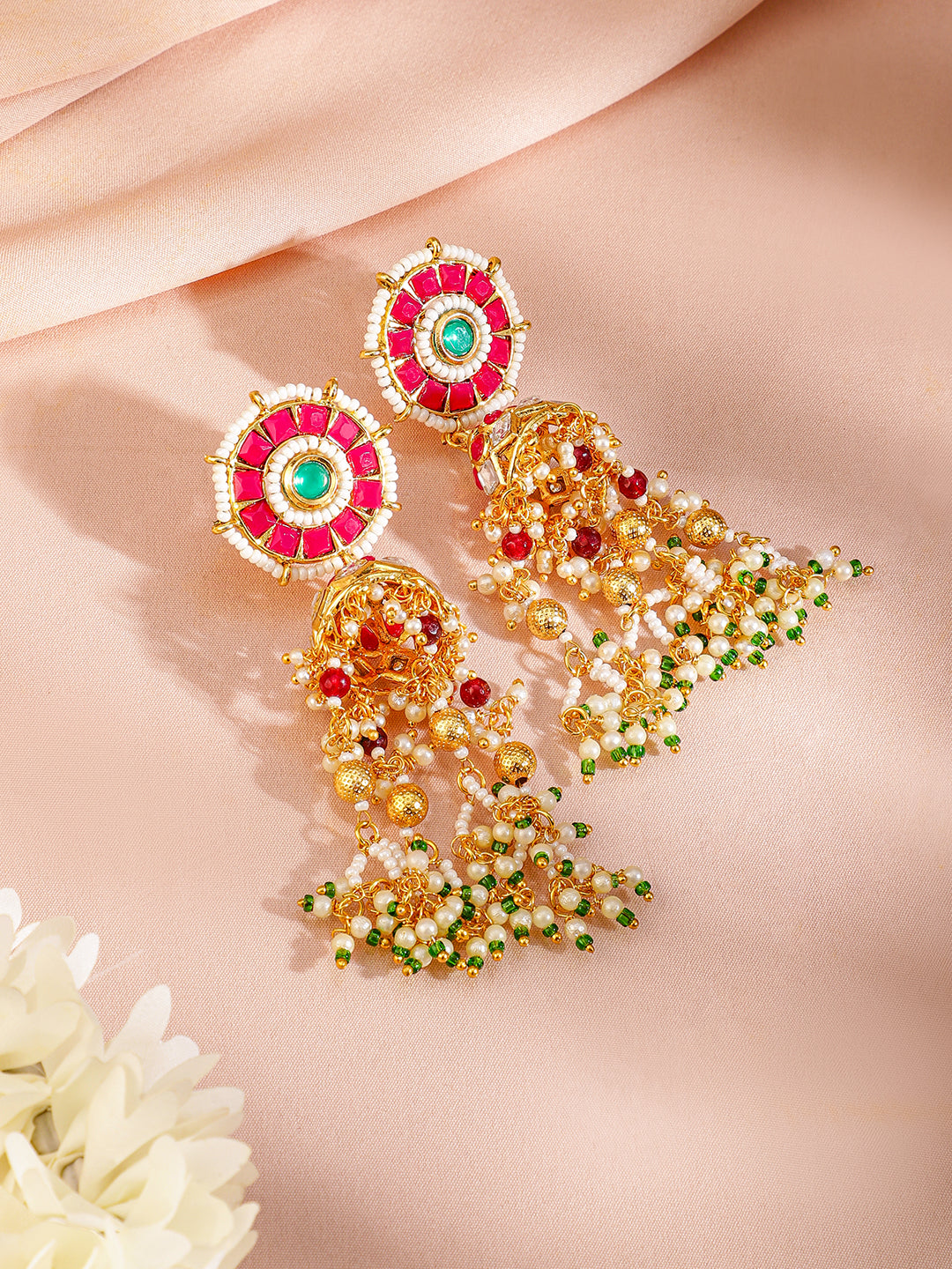 Green Beaded Pink Studded Pearl Necklace Set