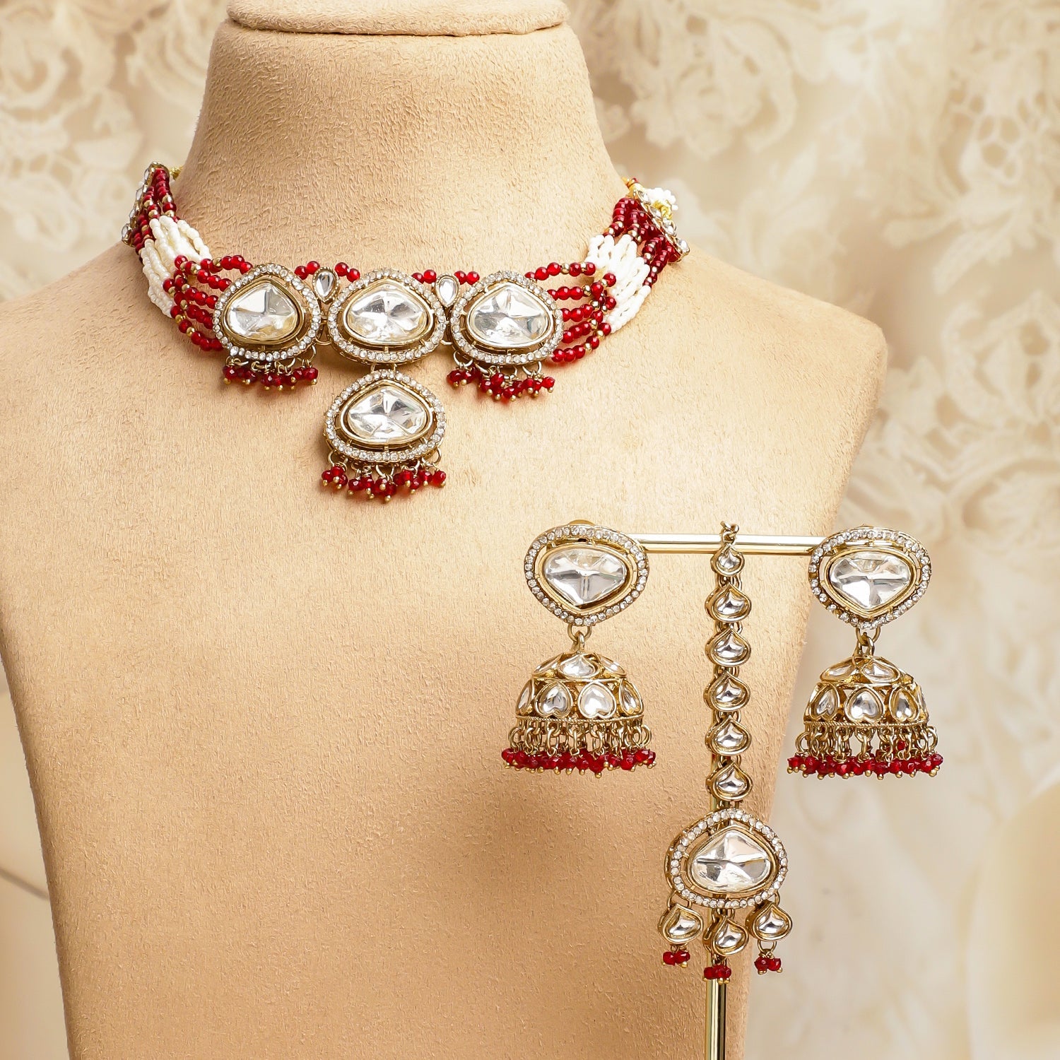 Red & Ivory Romance Kundan Necklace Set