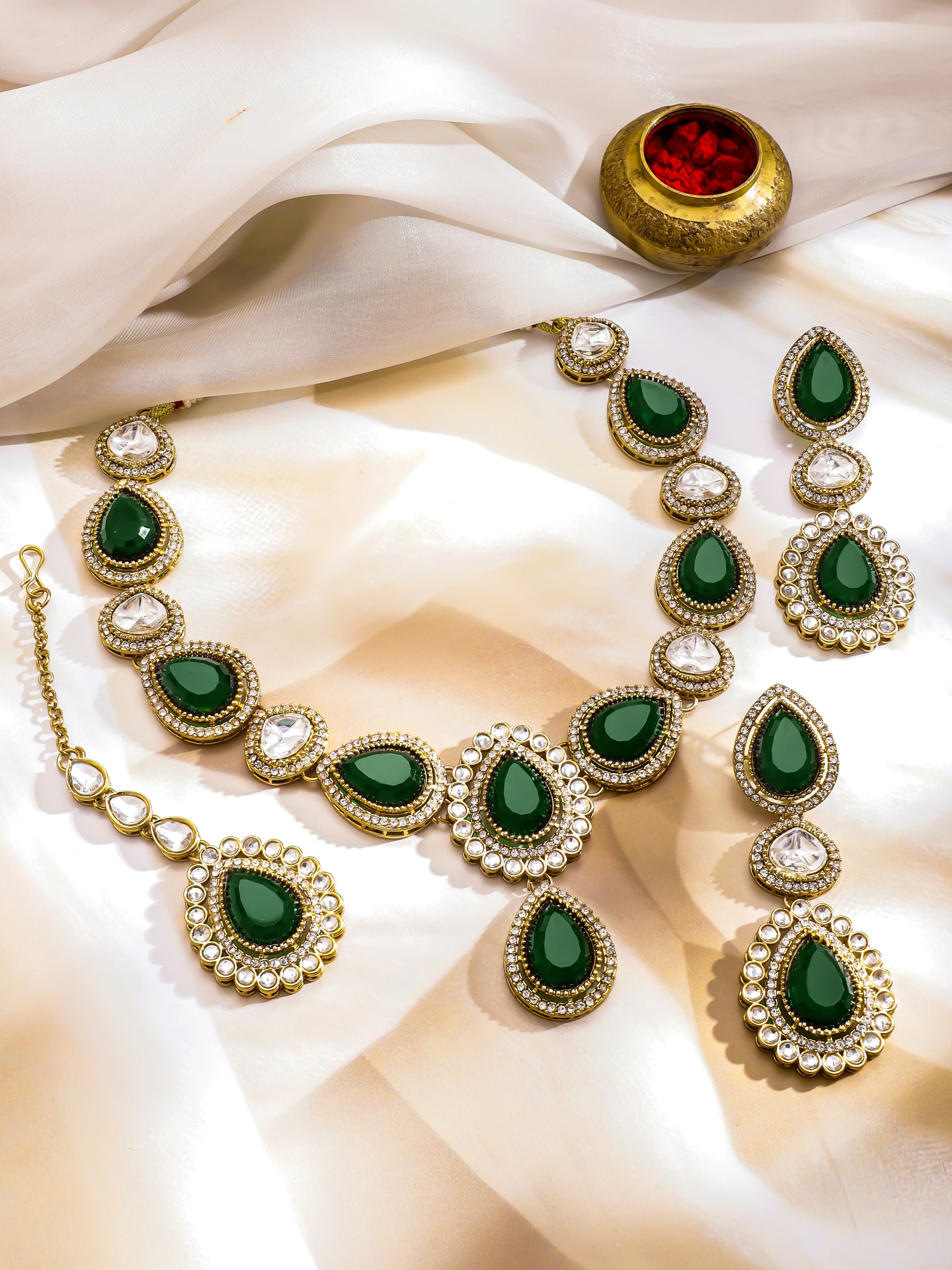 American Diamond Zirconia Emerald Drop Necklace Set