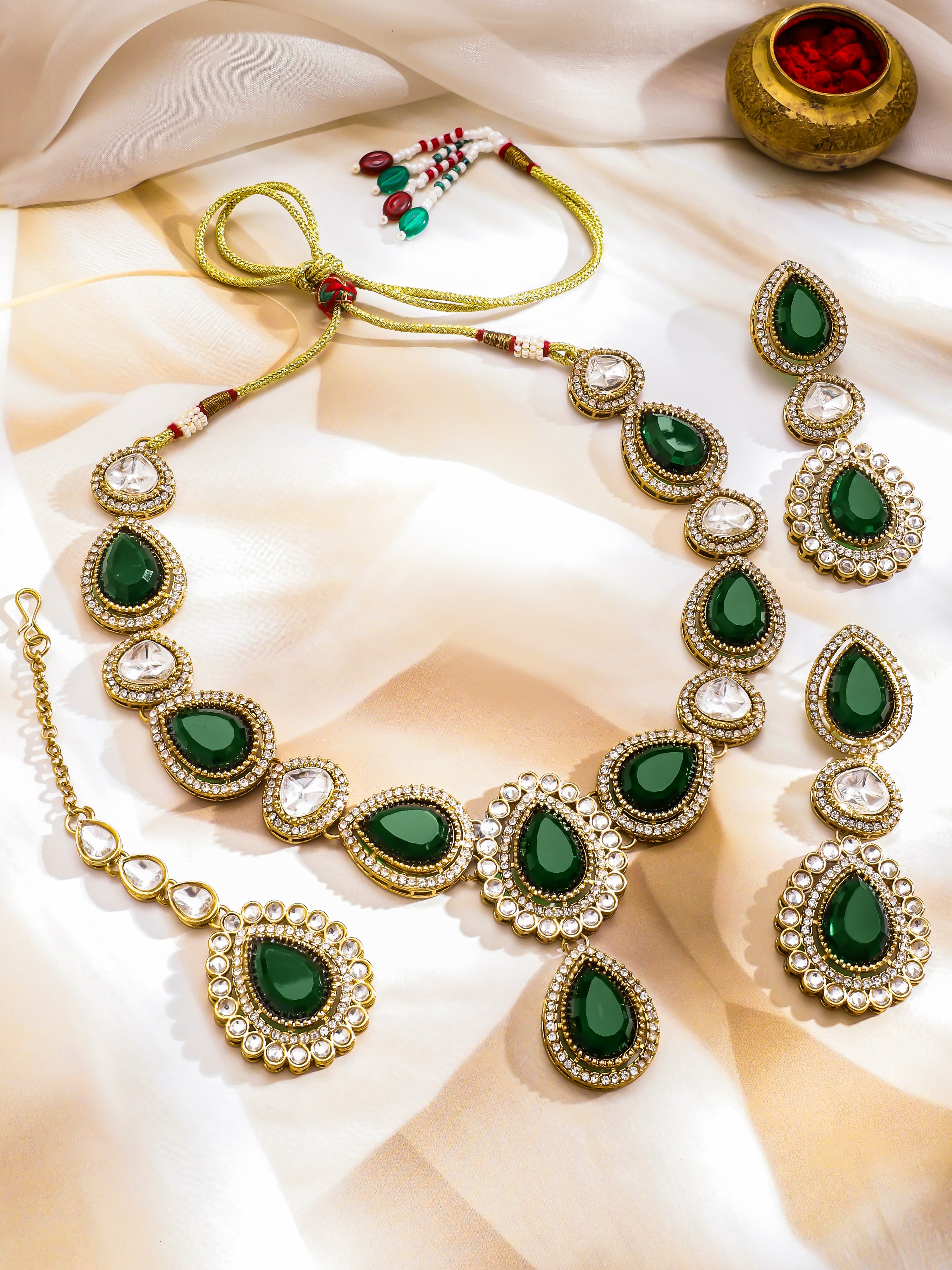 American Diamond Zirconia Emerald Drop Necklace Set