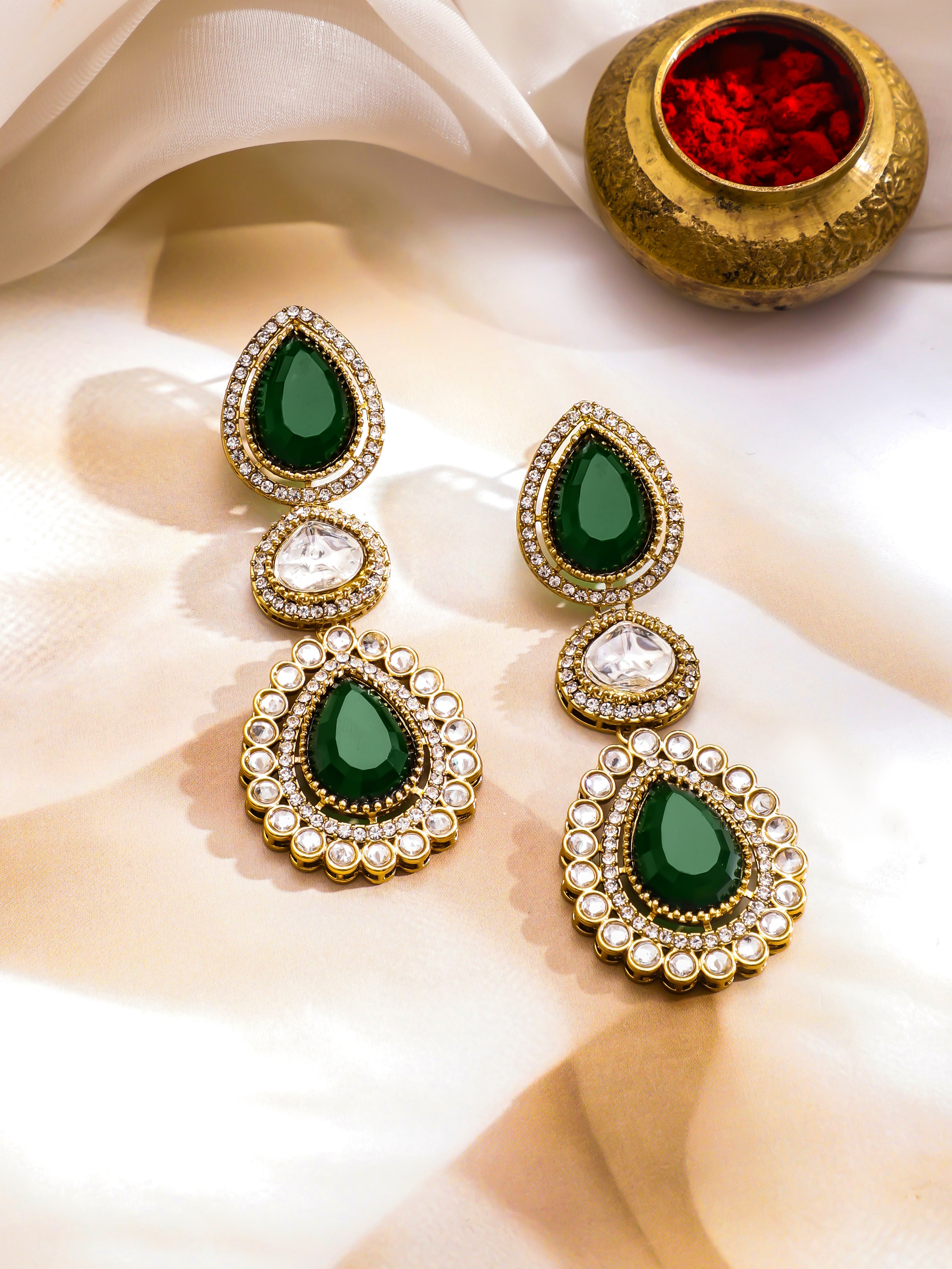 American Diamond Zirconia Emerald Drop Necklace Set