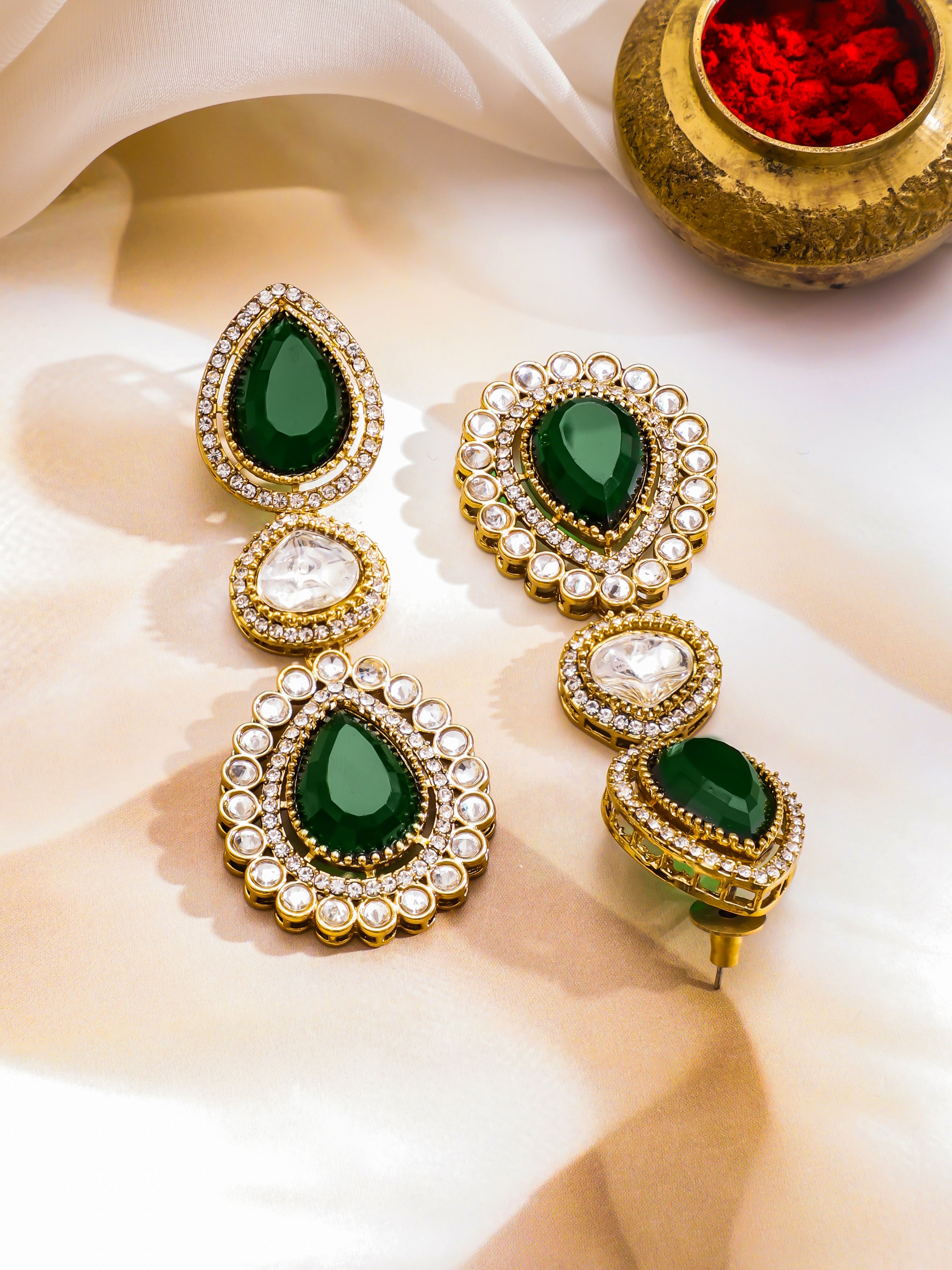 American Diamond Zirconia Emerald Drop Necklace Set