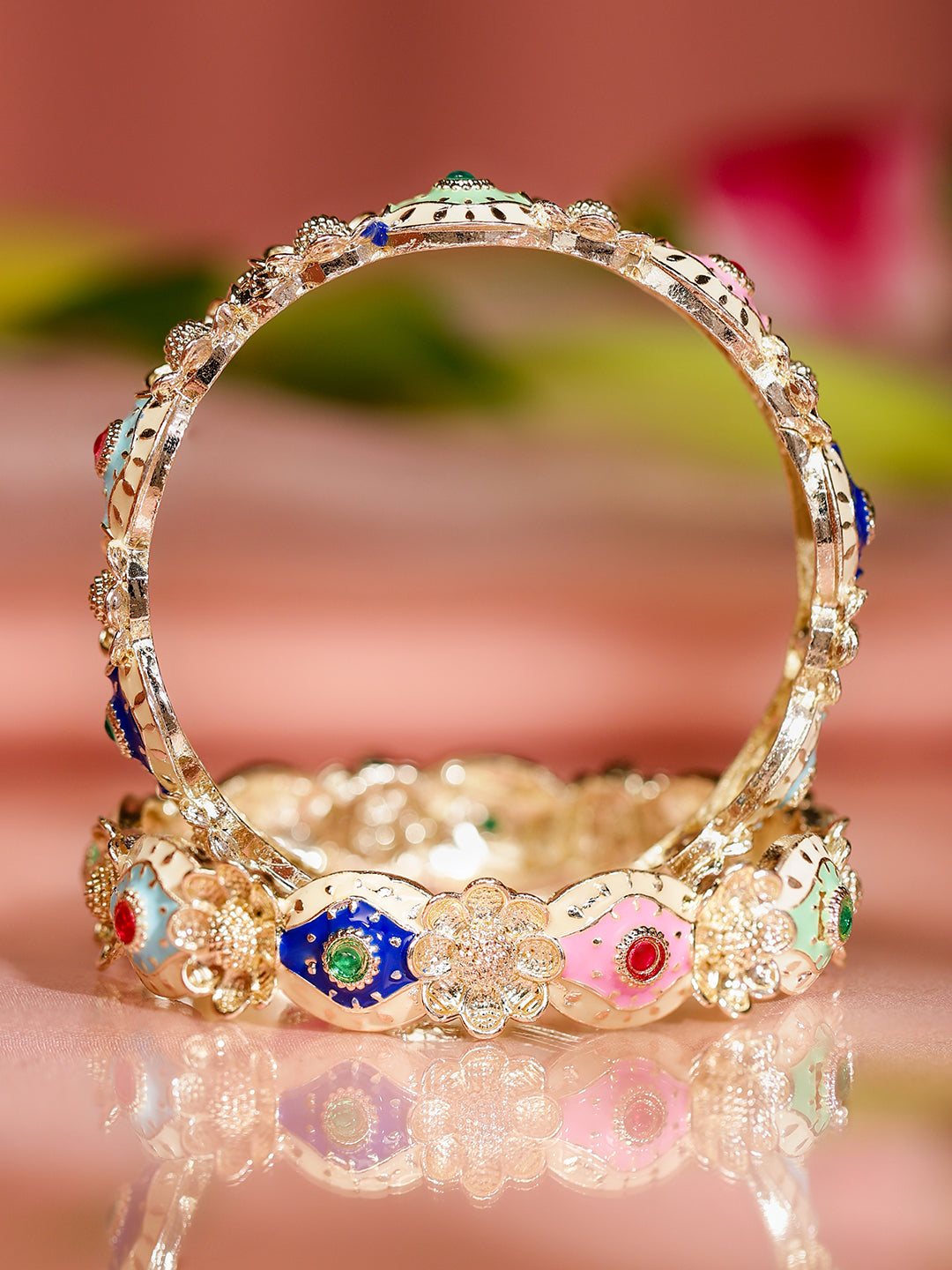 Wentra Set of 2 18K Gold-Plated Multicolor Enamel & Stone-Studded Floral Design Bangles