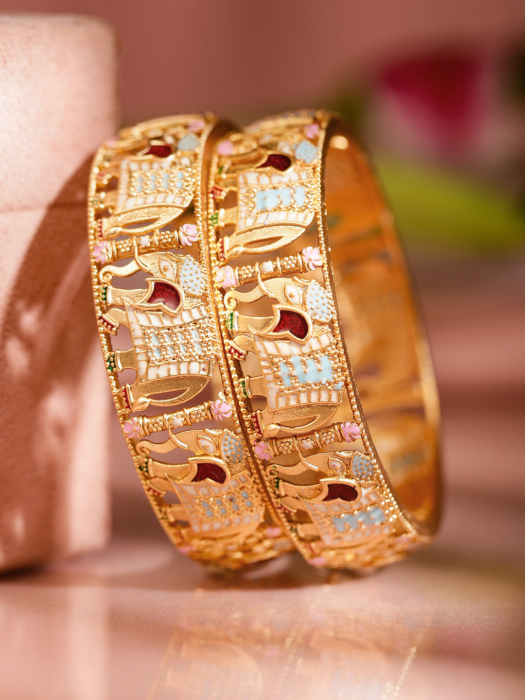 Multicolor Elephant Motif Golden Bangles Set of 2