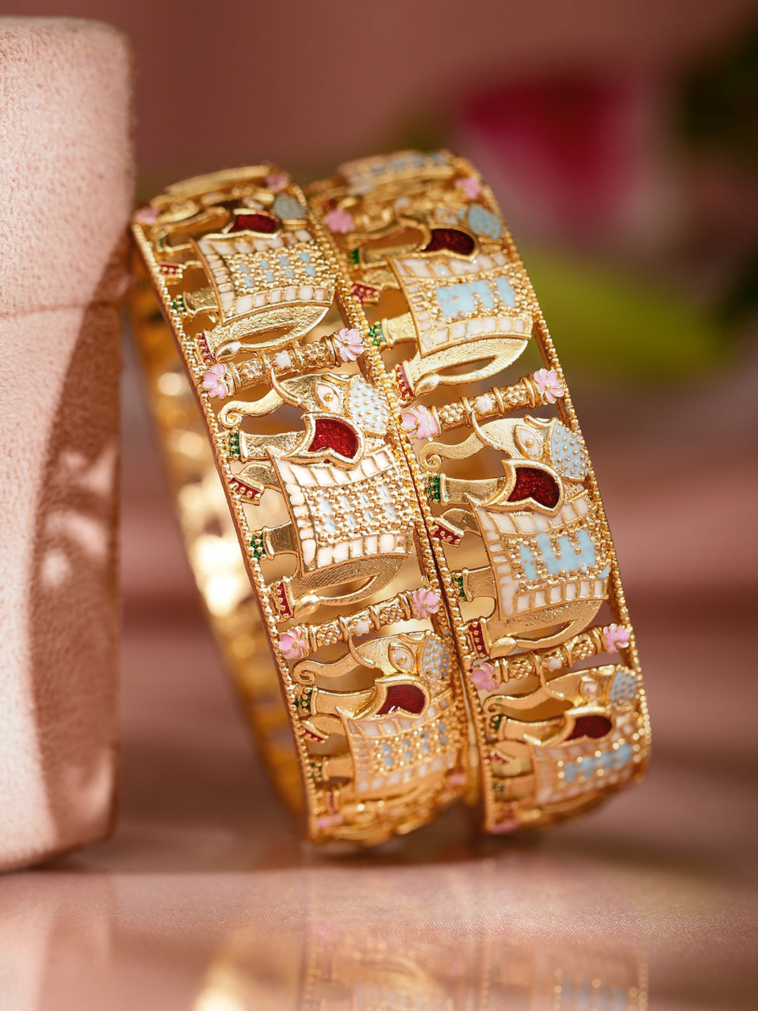 Multicolor Elephant Motif Golden Bangles Set of 2
