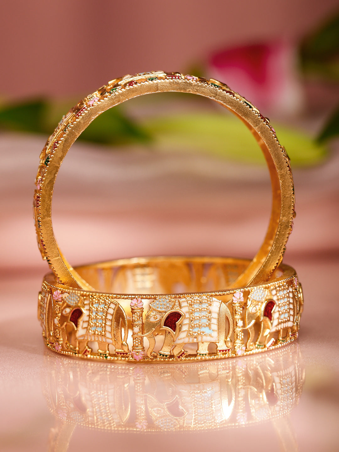 Multicolor Elephant Motif Golden Bangles Set of 2