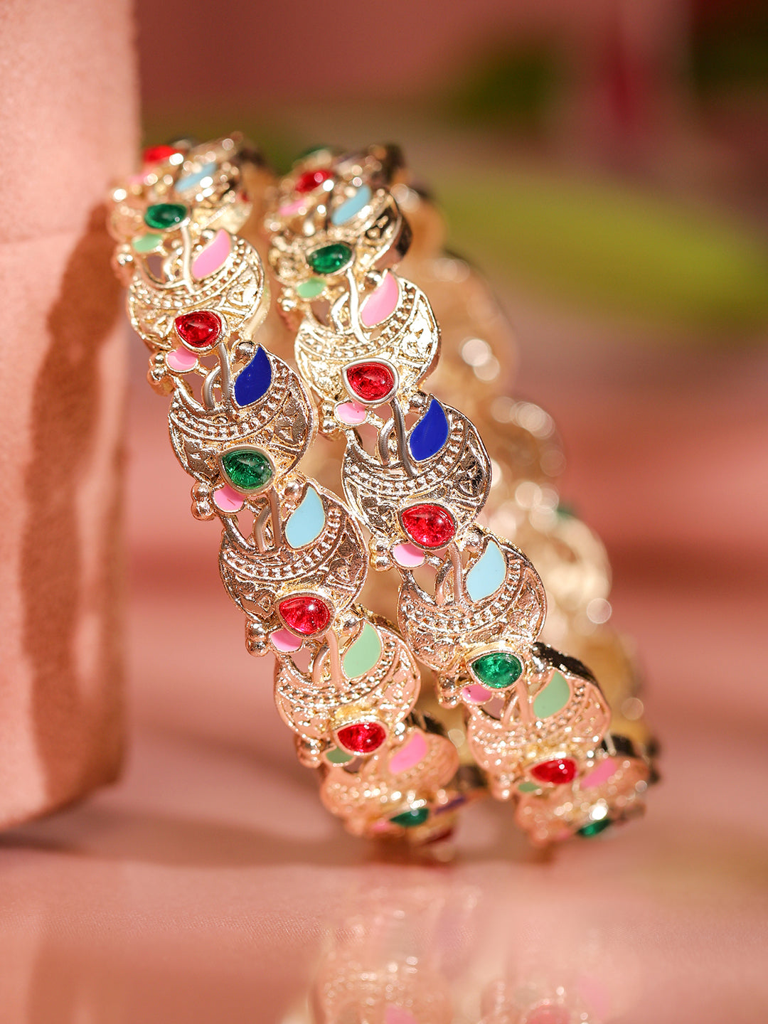 Wentra Set of 2 18K Gold-Plated Multicolor Enamel & Zirconia Stone Crescent Motif Bangles