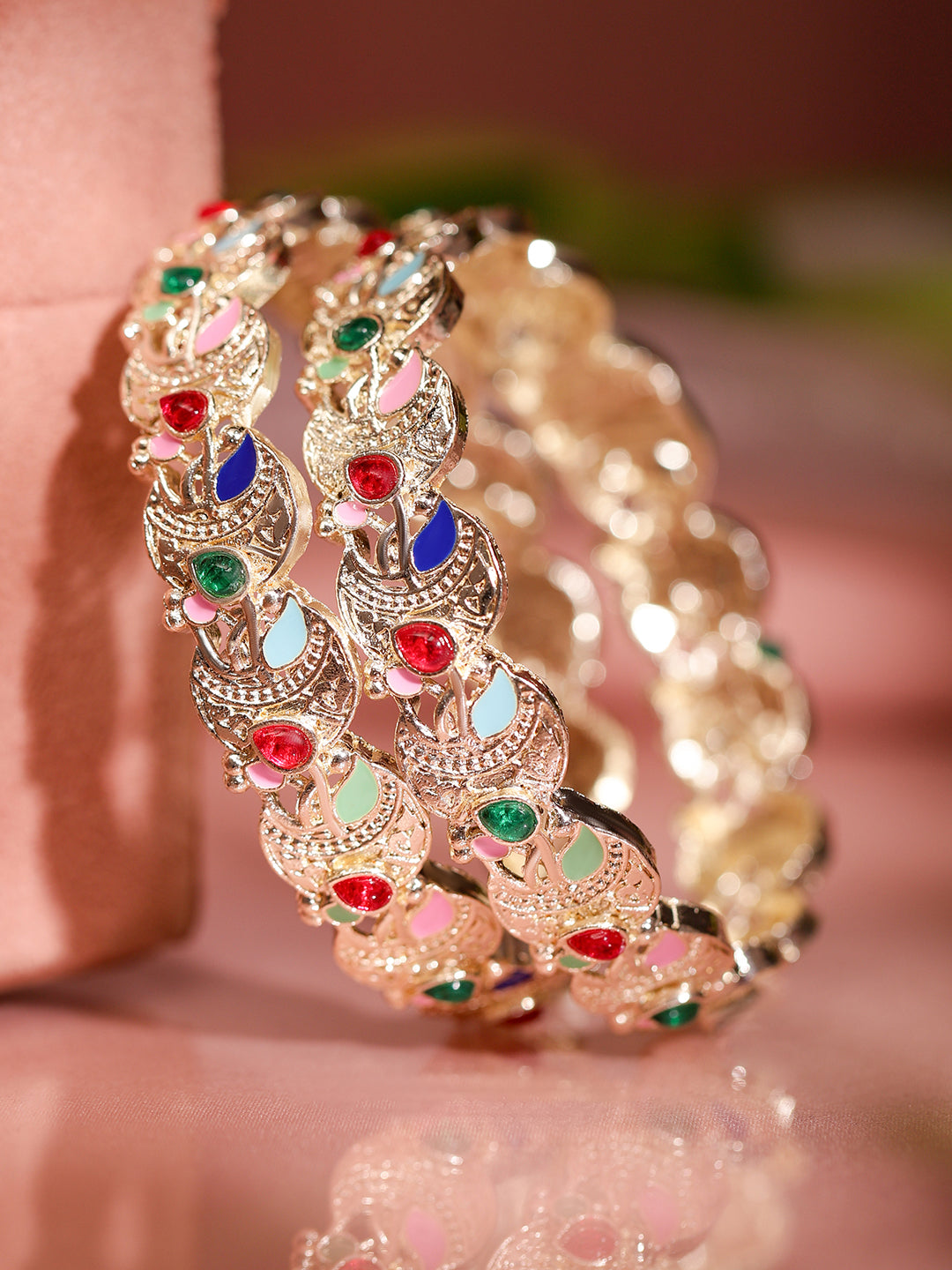 Wentra Set of 2 18K Gold-Plated Multicolor Enamel & Zirconia Stone Crescent Motif Bangles