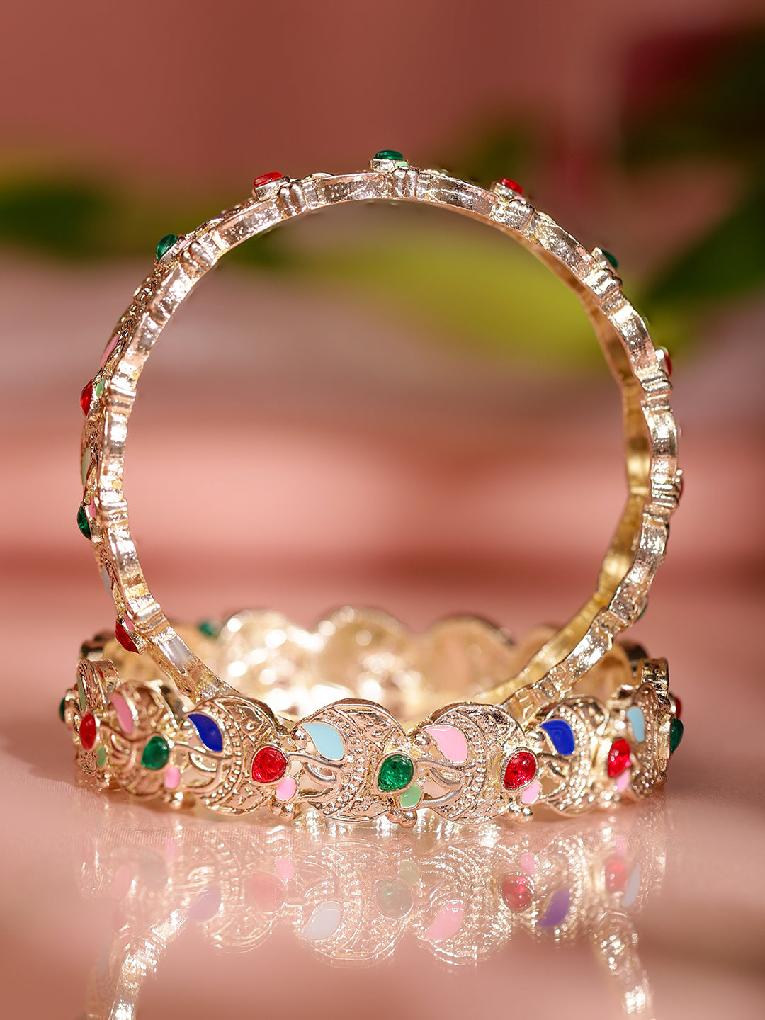 Wentra Set of 2 18K Gold-Plated Multicolor Enamel & Zirconia Stone Crescent Motif Bangles