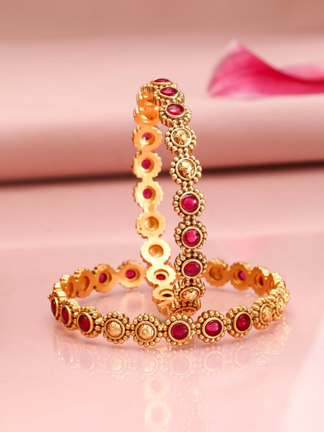 Wentra Set of 2 22K Gold-Plated Ruby Stone Studded Ethnic Bangles