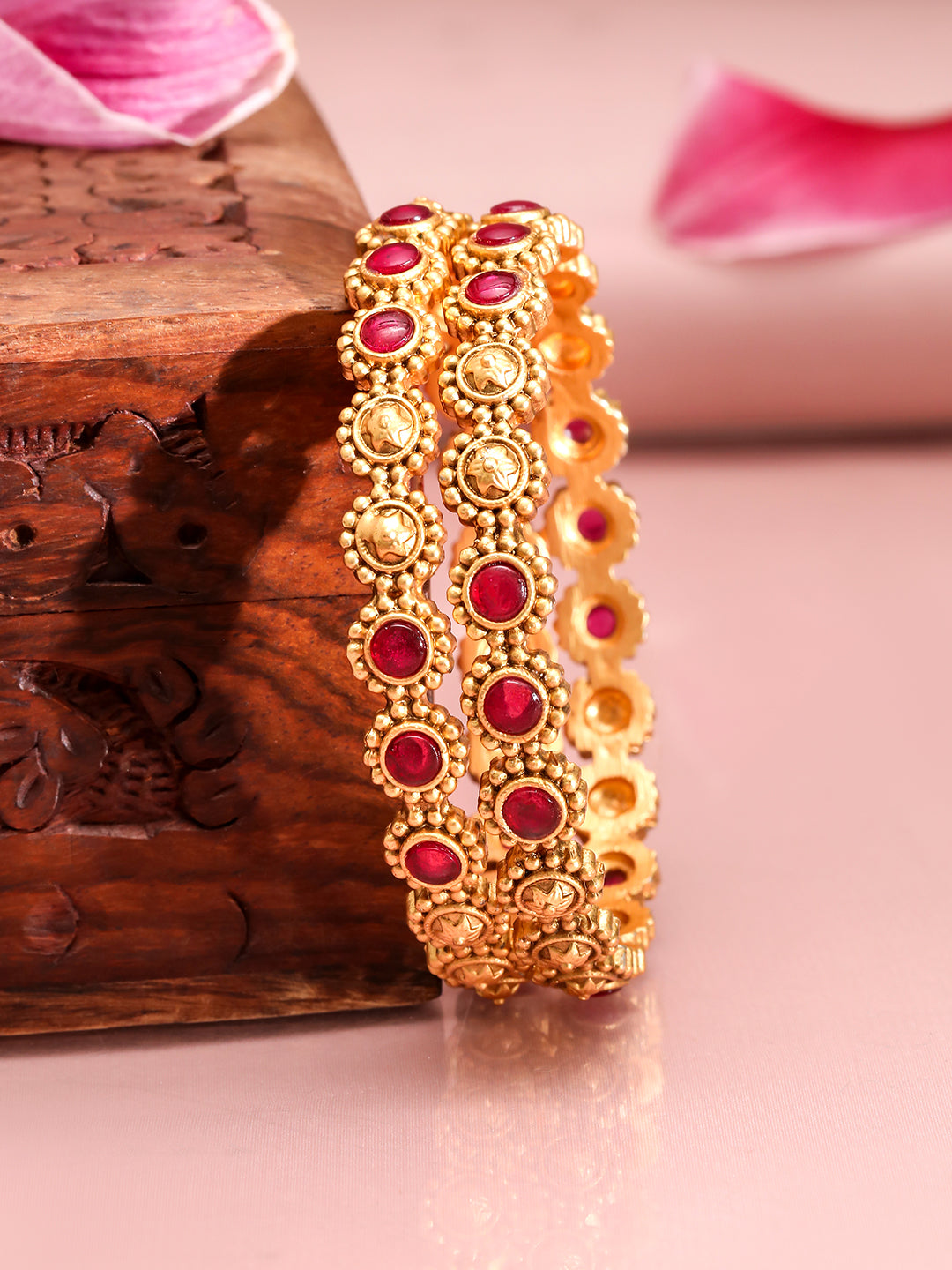Wentra Set of 2, 22K Gold-Plated Ruby Pink Bangles with Gold Beading Traditional Design