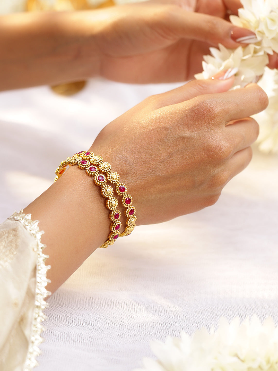 Wentra Set of 2 22K Gold-Plated Ruby Stone Studded Ethnic Bangles
