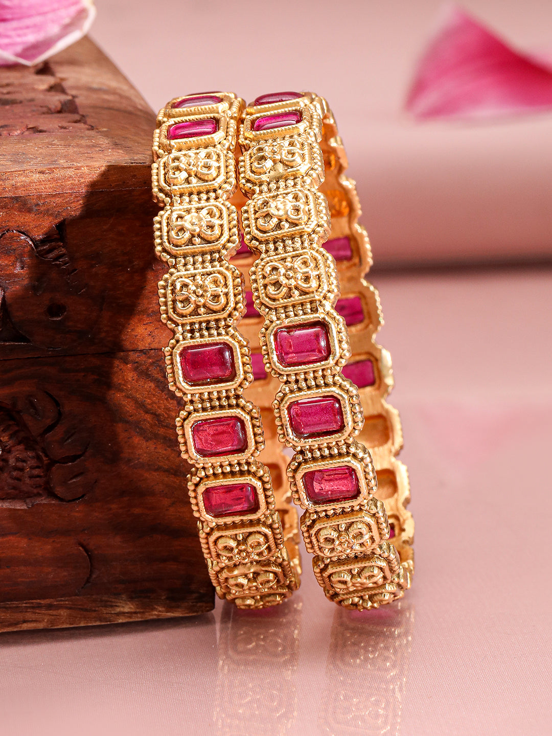 Wentra Set of 2 22K Gold-Plated Ruby Stone Studded Filigree Design Traditional Bangles