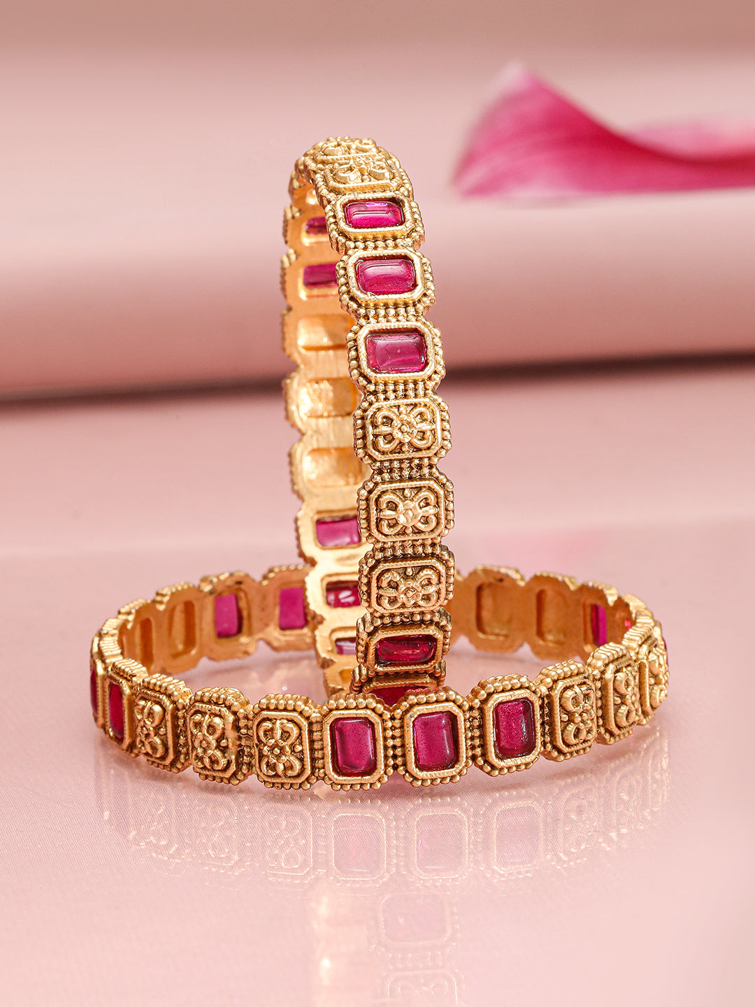 Wentra Set of 2 22K Gold-Plated Ruby Stone Studded Filigree Design Traditional Bangles
