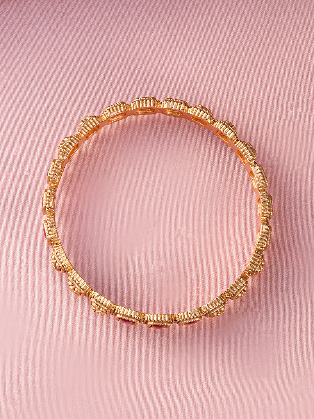 Wentra Set of 2, 22K Gold-Plated Ruby Pink Stone & Filigree Design Traditional Bangles