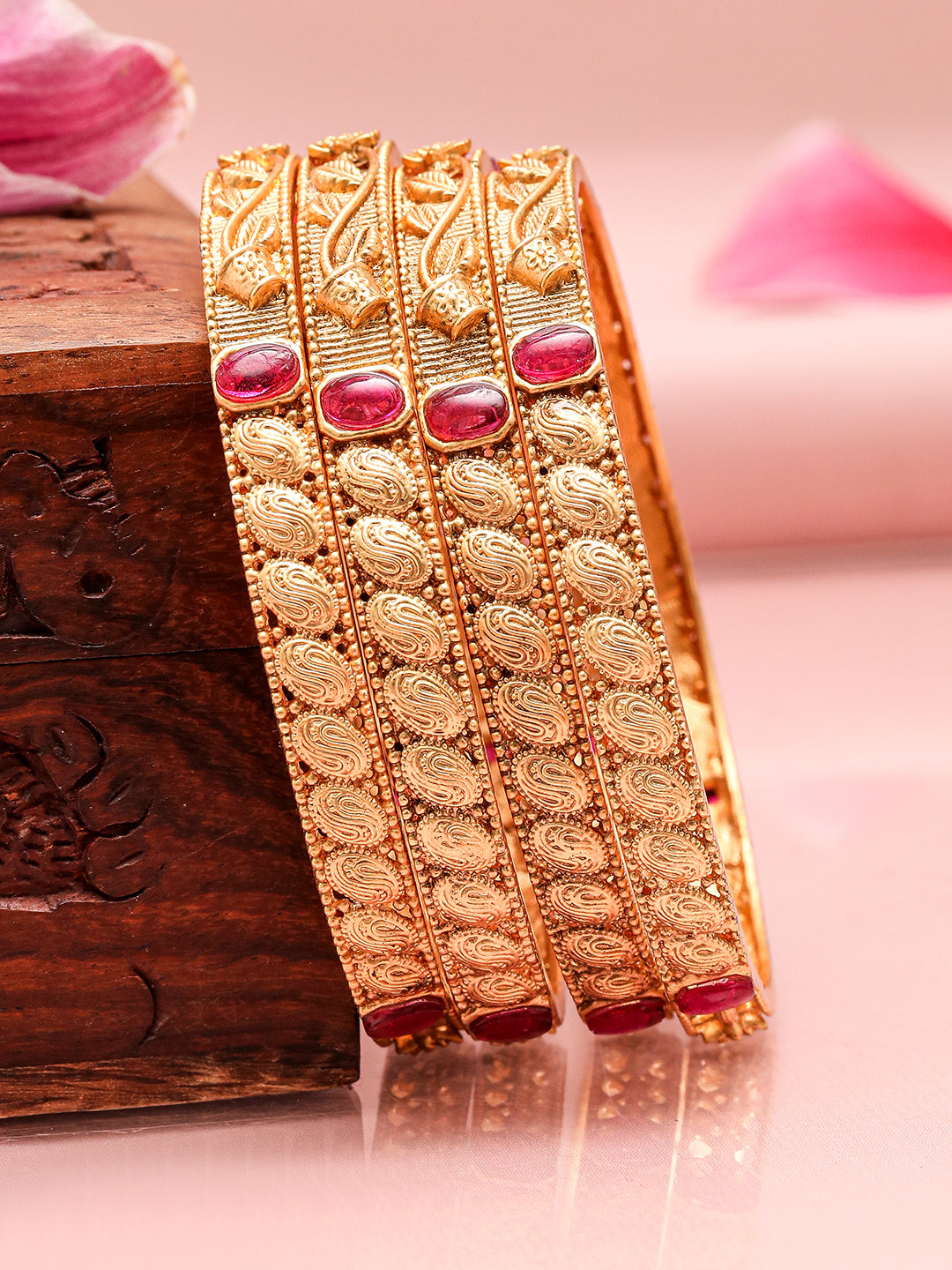 Wentra Set of 4 22K Gold-Plated Ruby Pink Stone Studded Filigree Traditional Bangles