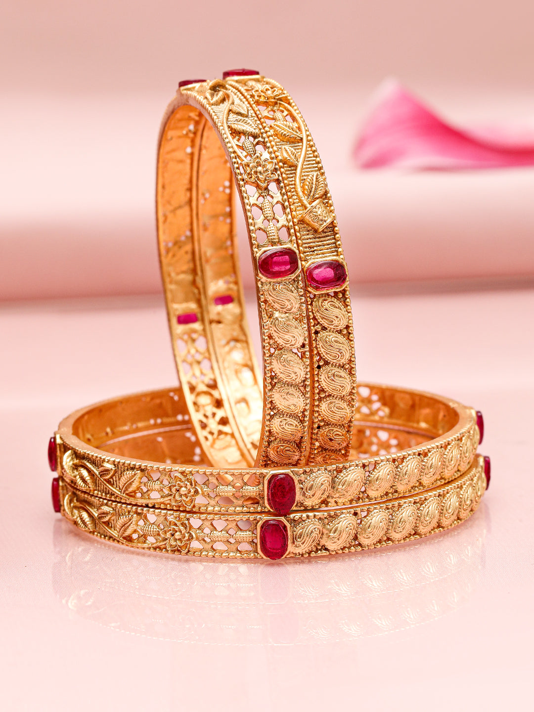 Wentra Set of 4, 22K Gold-Plated Ruby Pink Stone Studded Filigree Traditional Bangles