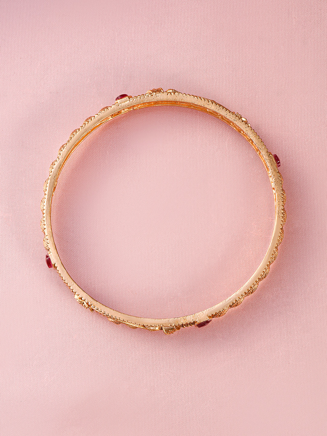 Wentra Set of 4, 22K Gold-Plated Ruby Pink Stone Studded Filigree Traditional Bangles