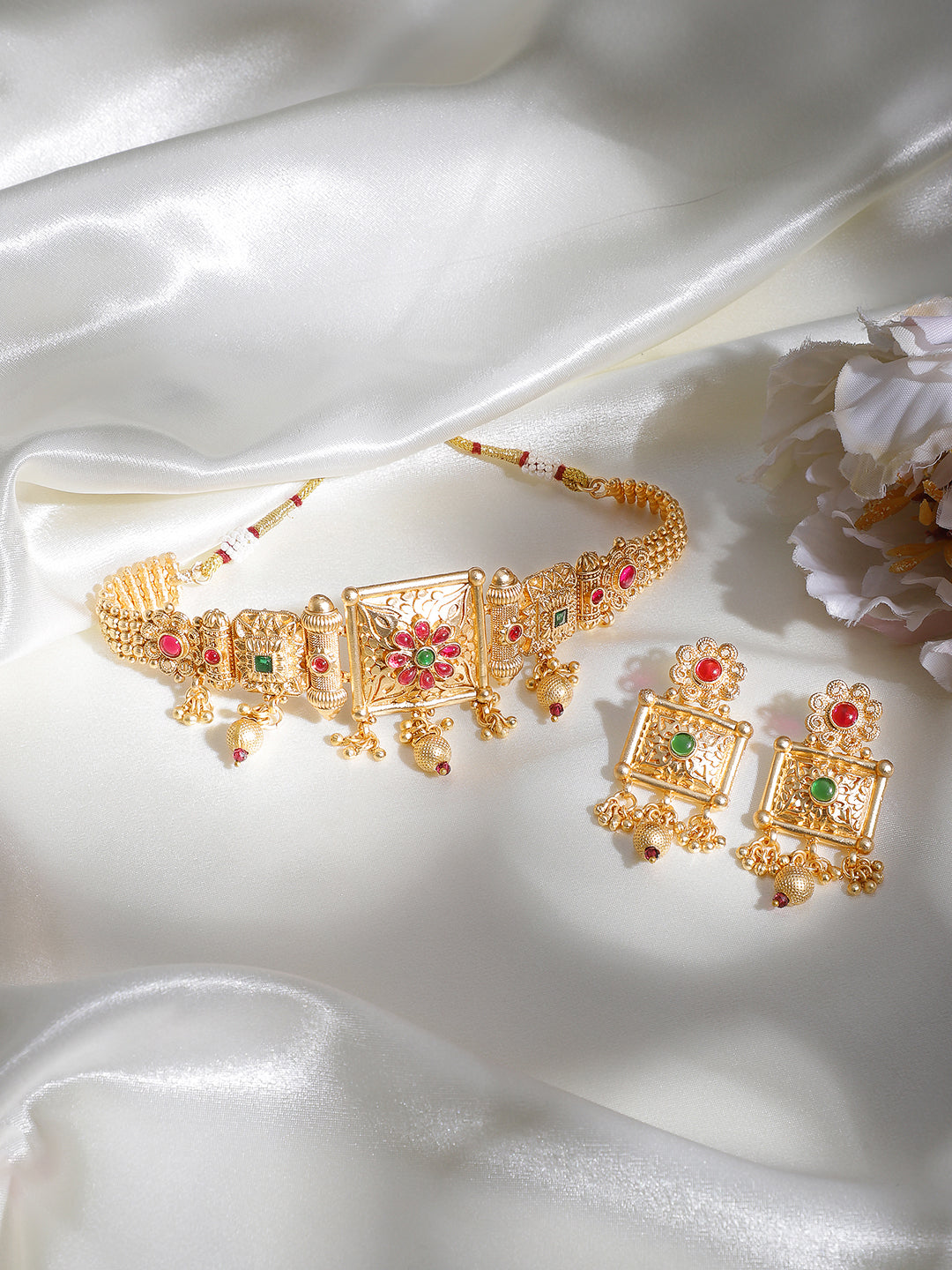 Wentra 22K Gold Plated Ruby Red & White Kundan Studded Choker Jewellery Set with Golden Beads