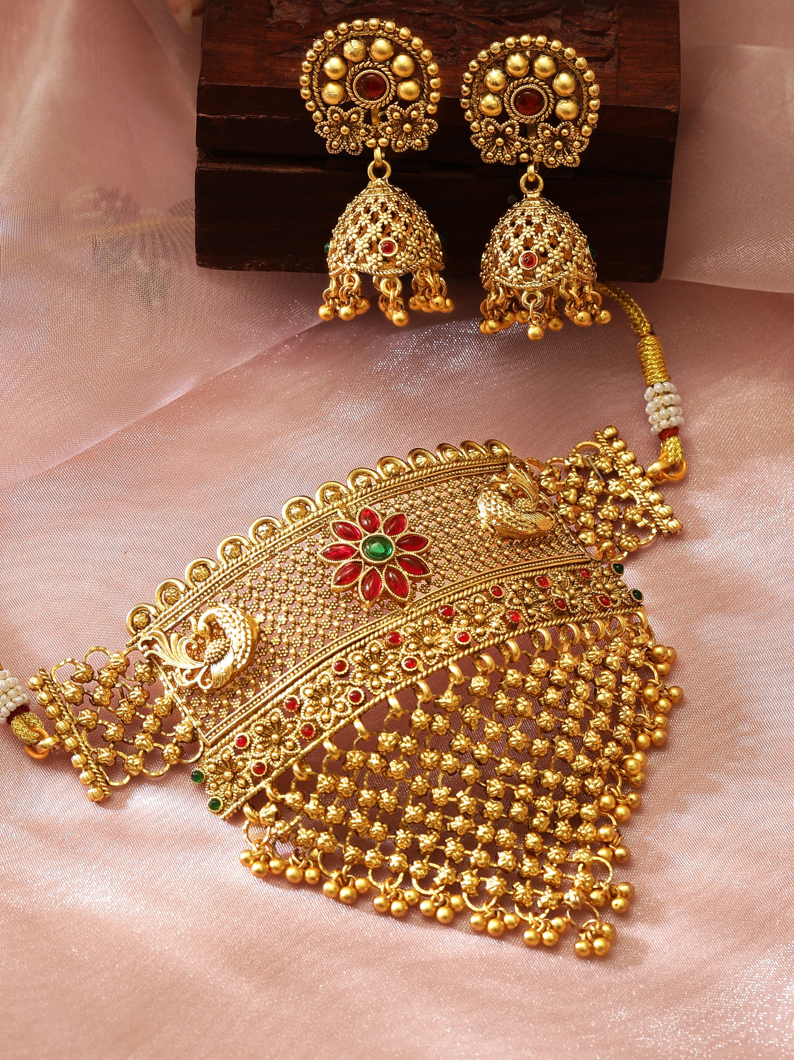 Wentra 22K Gold-Plated Ruby & Emerald and Golden Beaded Detailing Handcrafted Choker Set
