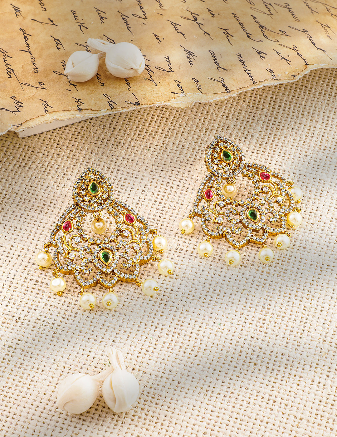 Regal Symphony in Green Red American Diamond Zirconia with Pearls Danglers