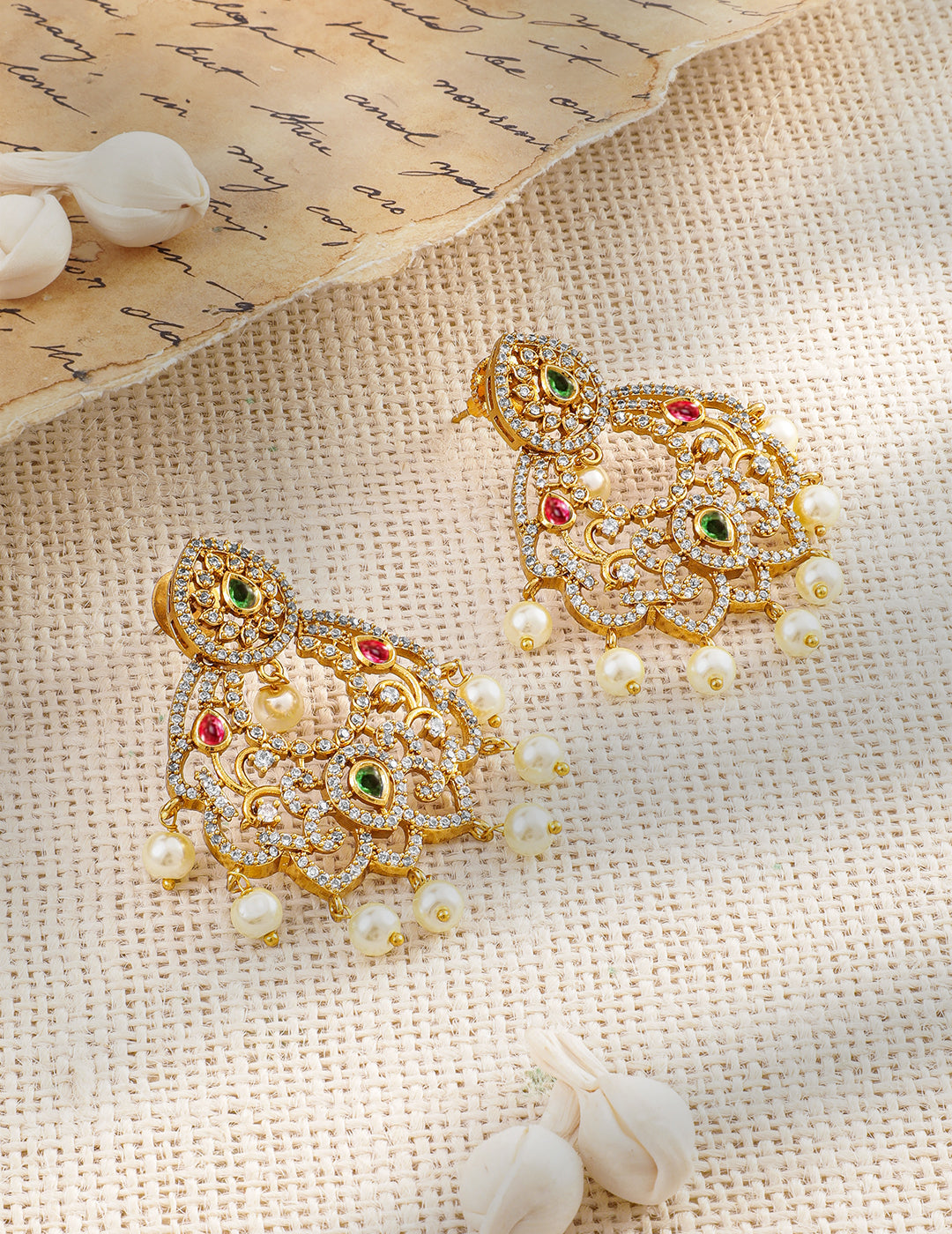 Regal Symphony in Green Red American Diamond Zirconia with Pearls Danglers