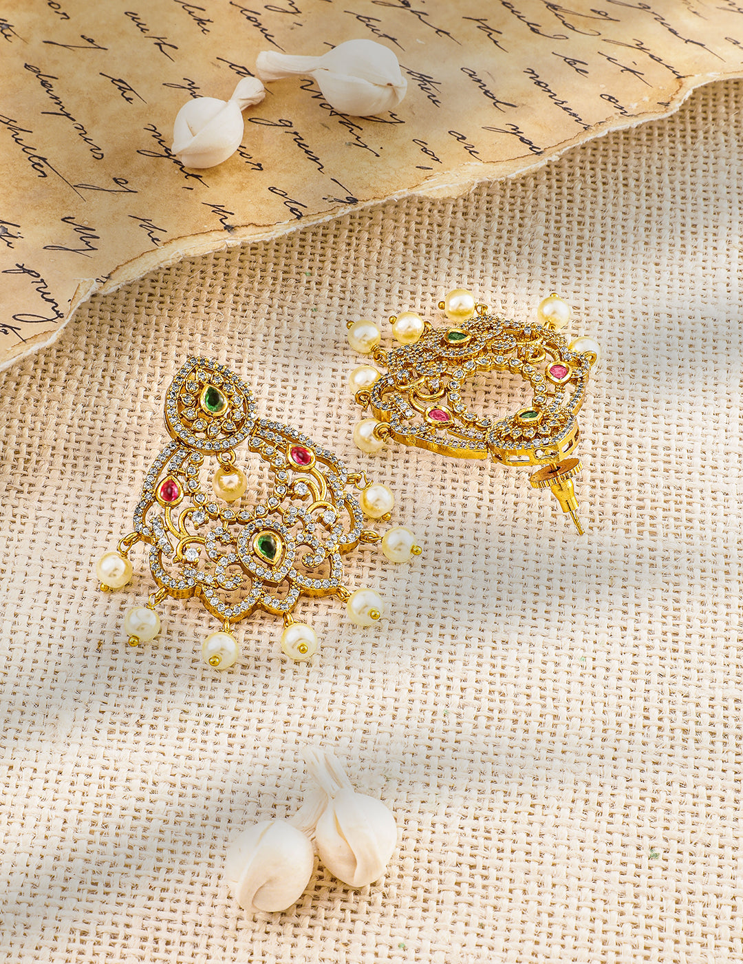 Regal Symphony in Green Red American Diamond Zirconia with Pearls Danglers