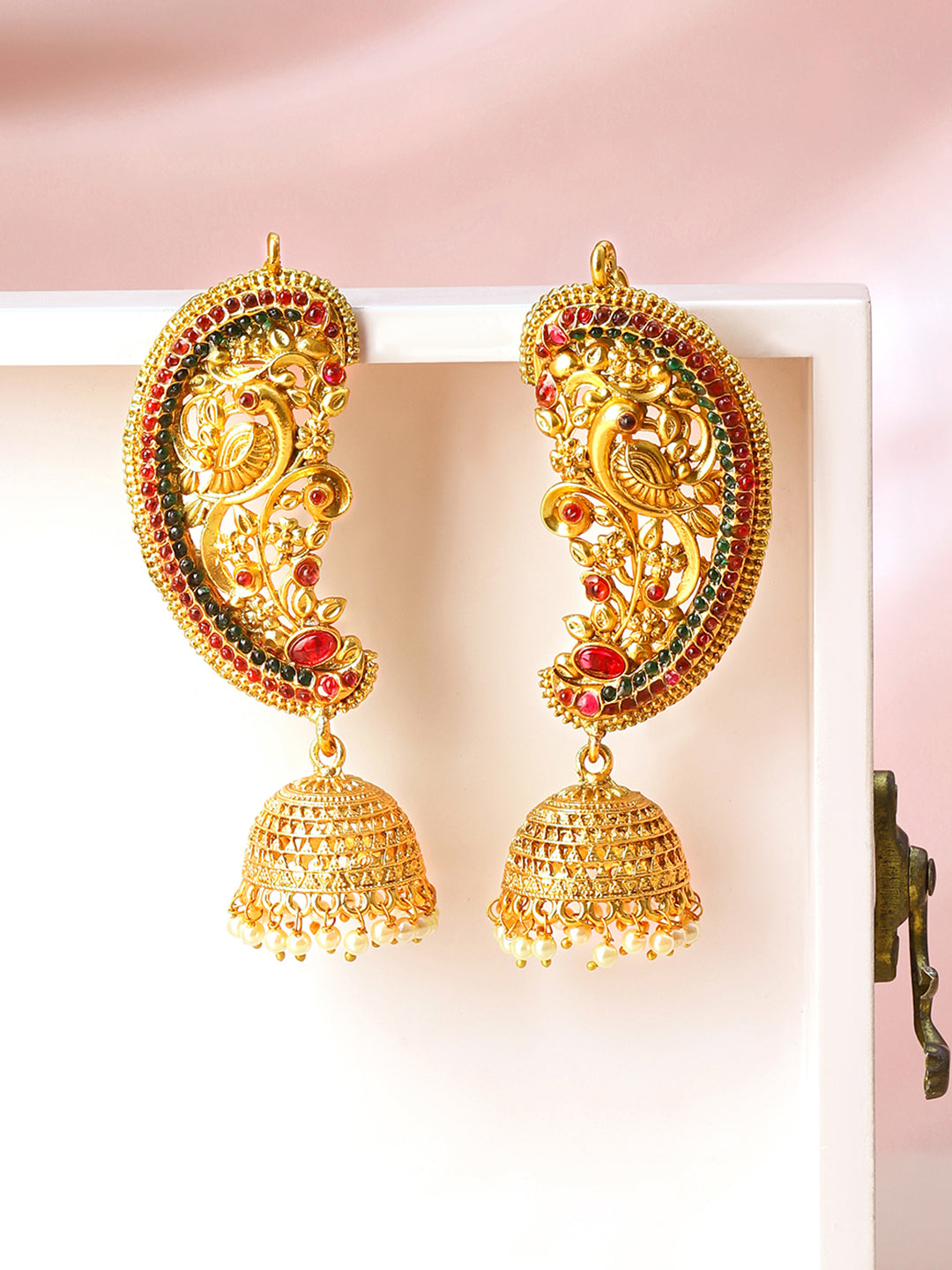Royal Riwaaz Red & Green Earcuff with Jhumka