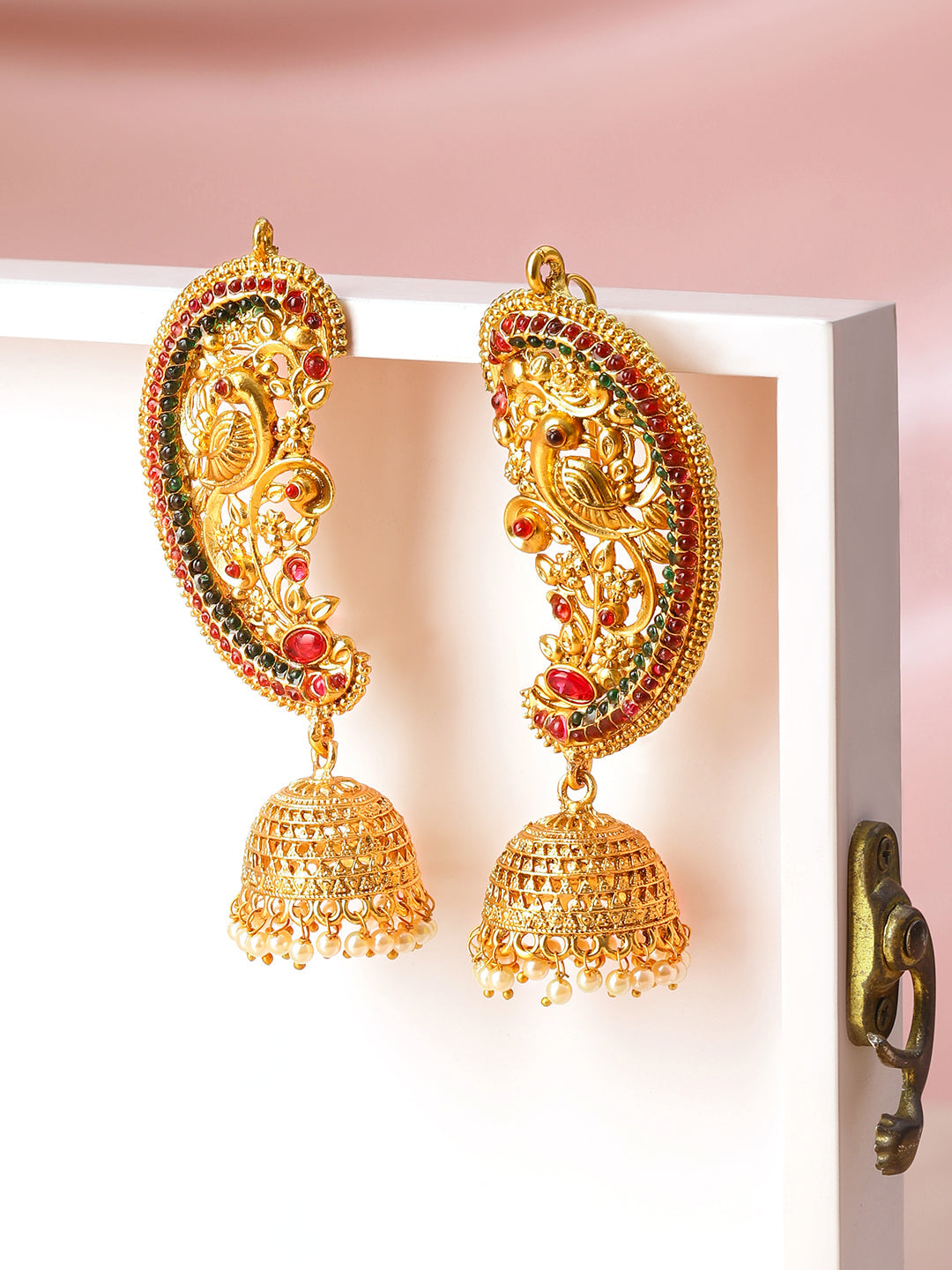 Royal Riwaaz Red & Green Earcuff with Jhumka