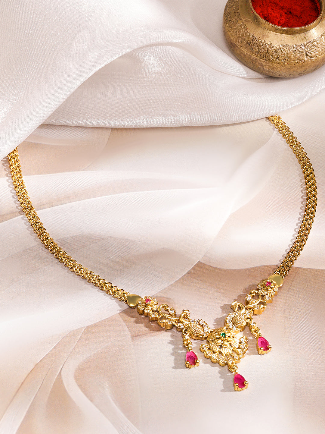 Peacock Motifs Alluring Pink Drops Necklace
