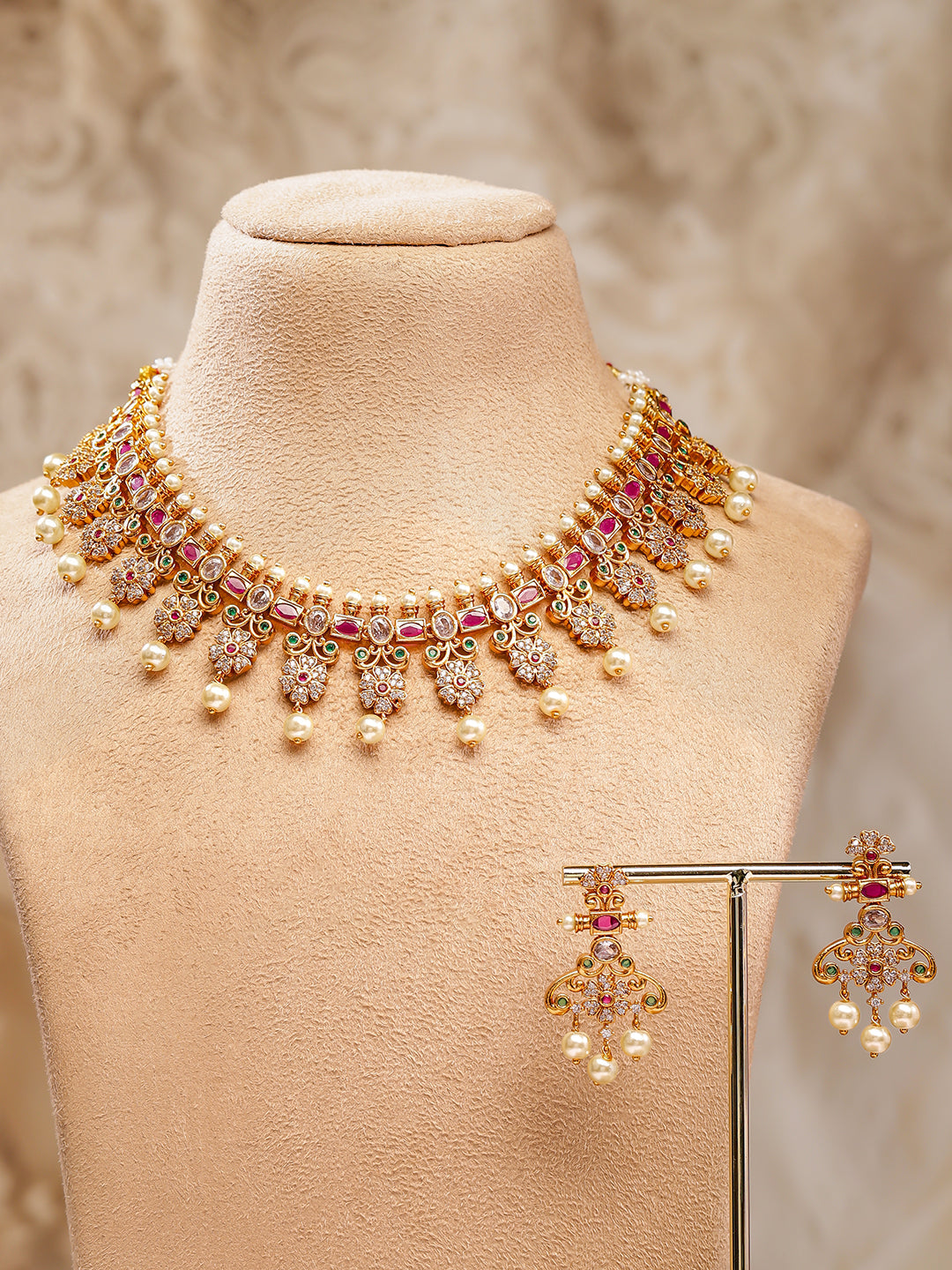 Wentra 22K Gold Plated Ruby Pink, Emerald & Cubic Zirconia Studded Floral Jewellery Set
