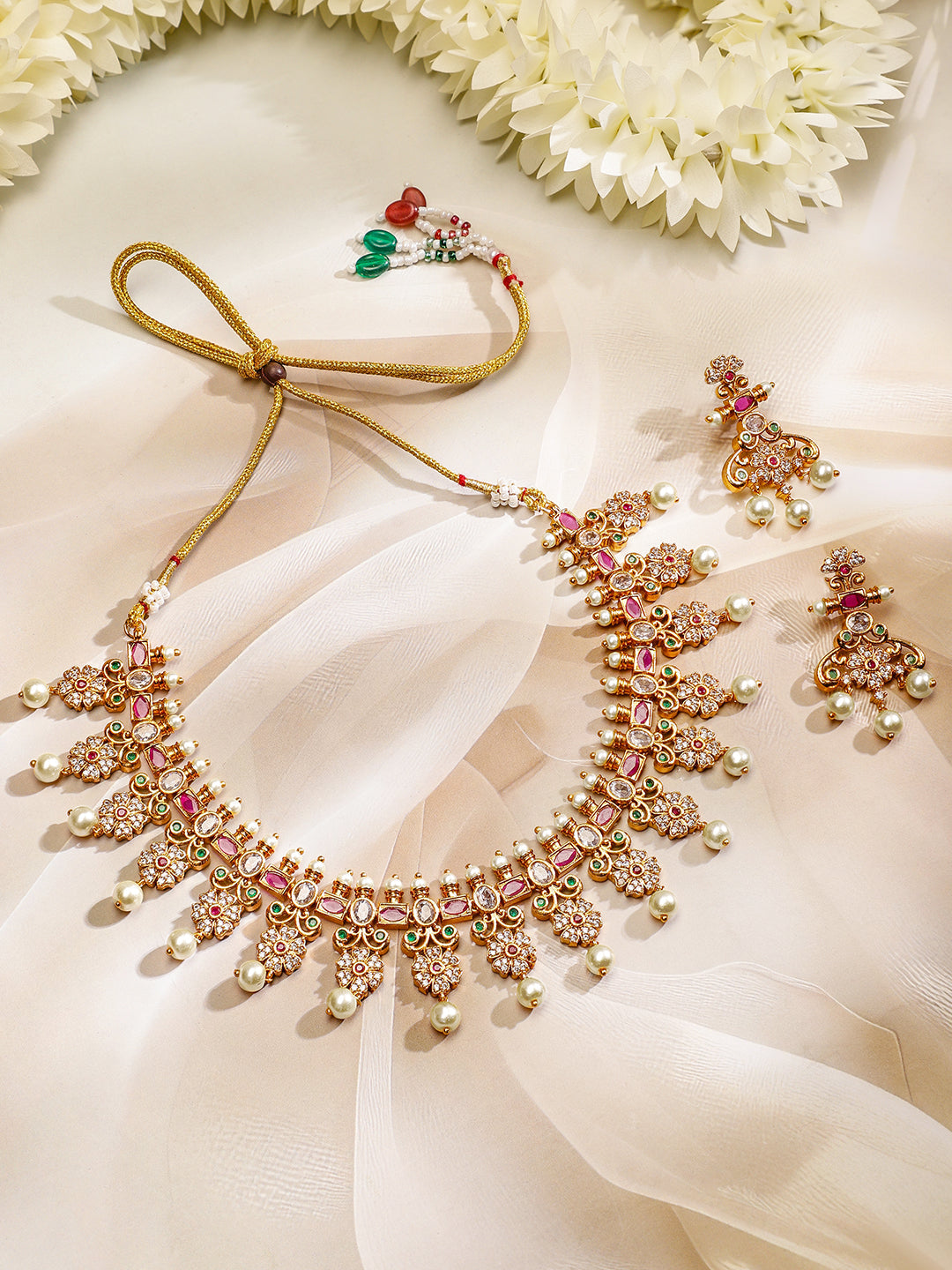 Wentra 22K Gold Plated Ruby Pink, Emerald & Cubic Zirconia Studded Floral Jewellery Set