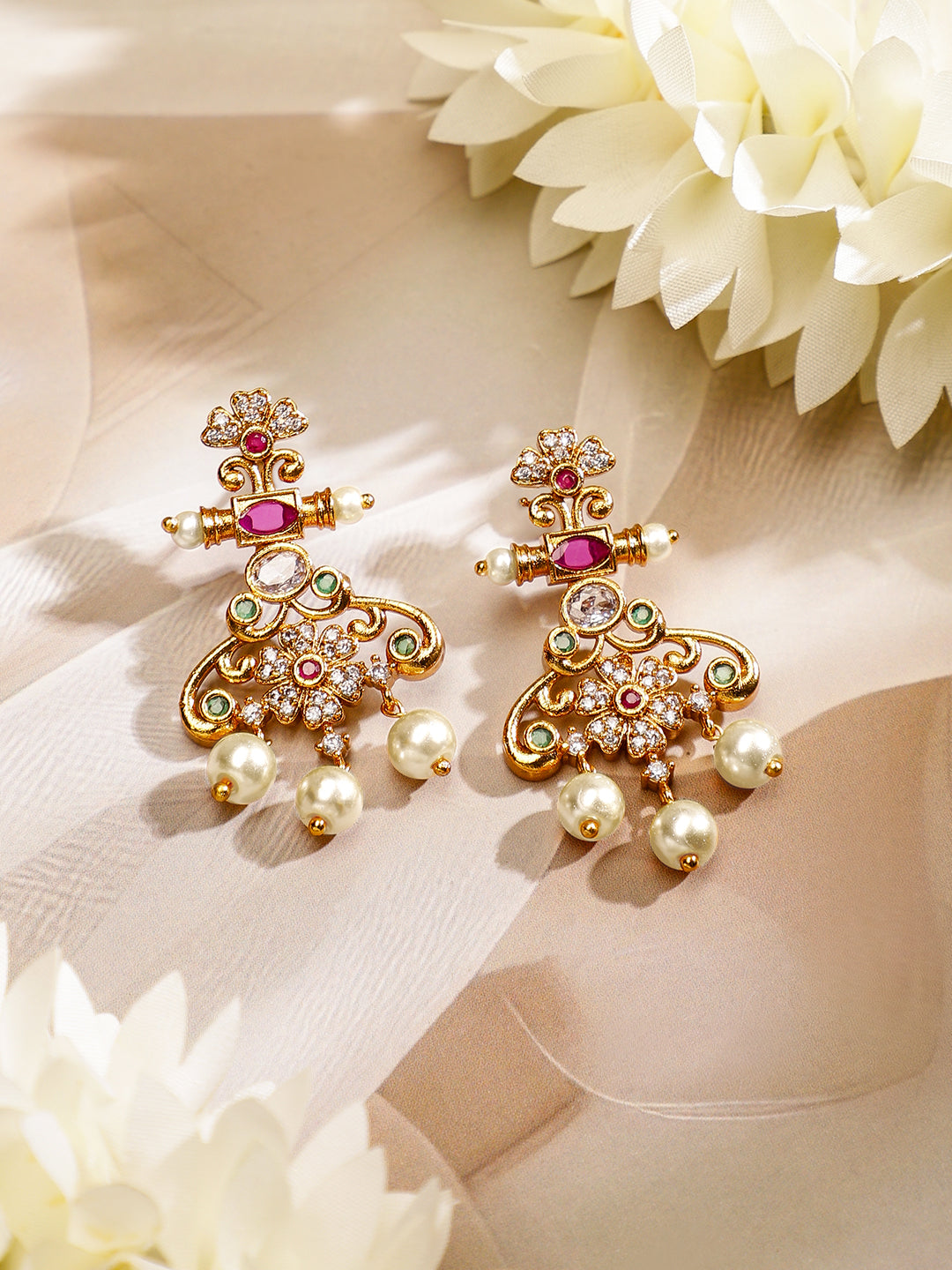 Wentra 22K Gold Plated Ruby Pink, Emerald & Cubic Zirconia Studded Floral Jewellery Set