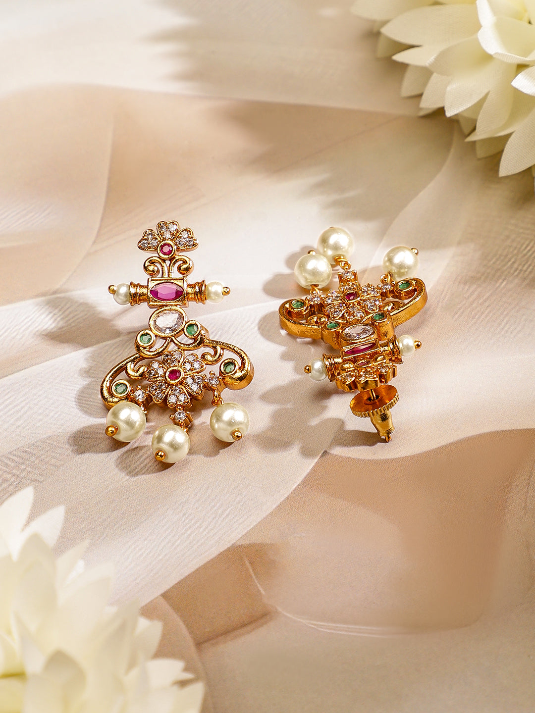 Wentra 22K Gold Plated Ruby Pink, Emerald & Cubic Zirconia Studded Floral Jewellery Set