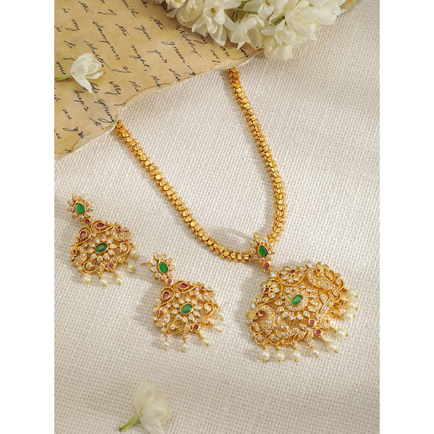 Wentra Women Gold-Plated Emerald Green & Cubic Zirconia Stone Studded Temple Jewellery Set