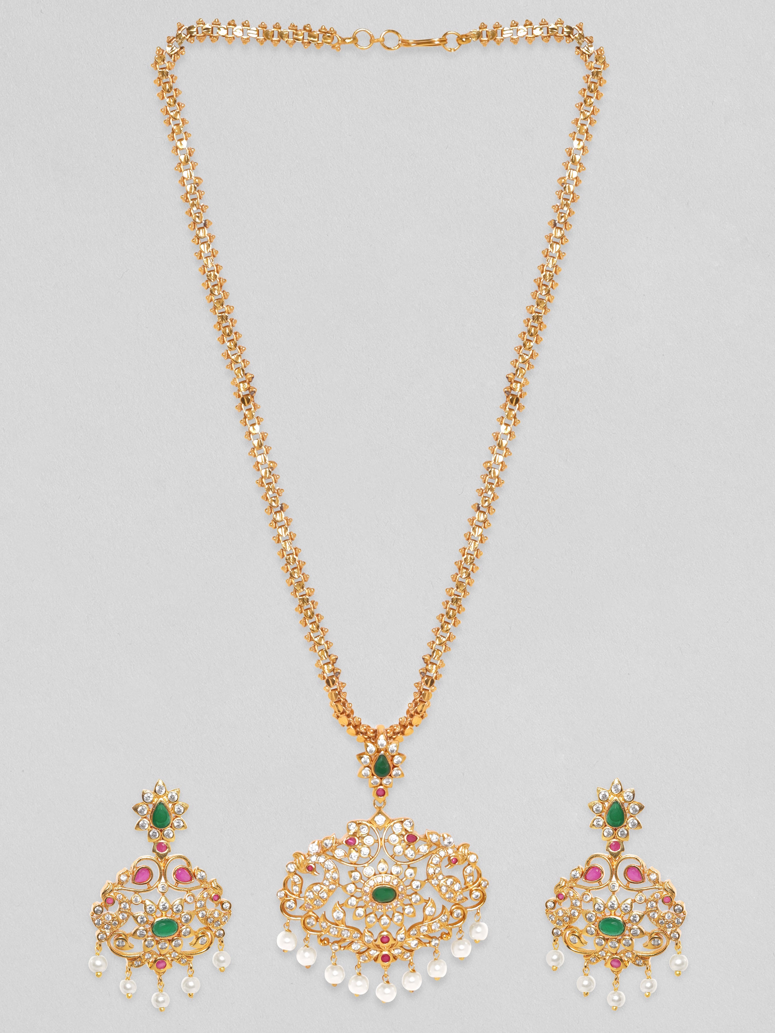 Wentra Women Gold-Plated Emerald Green & Cubic Zirconia Stone Studded Temple Jewellery Set