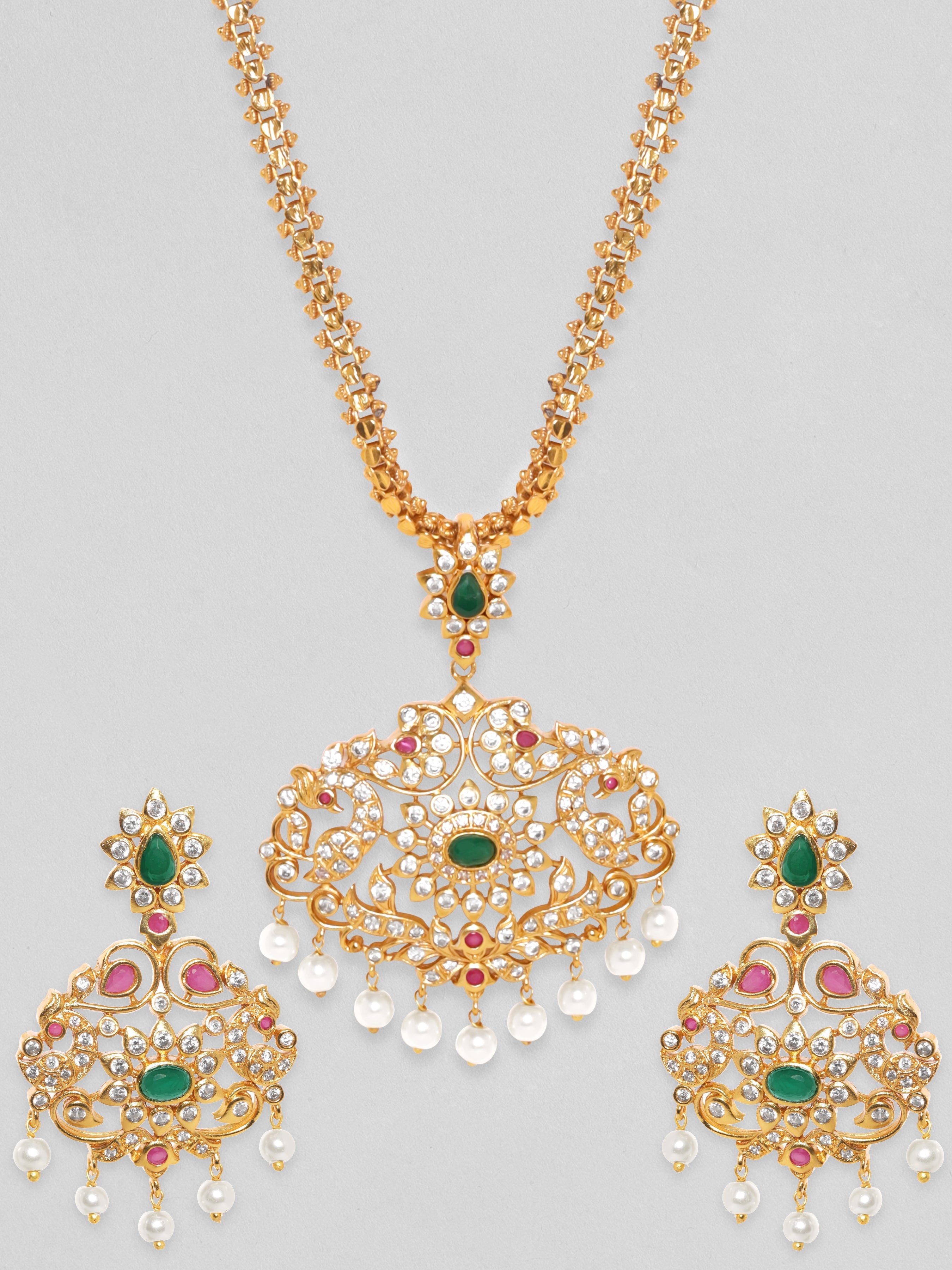 Wentra Women Gold-Plated Emerald Green & Cubic Zirconia Stone Studded Temple Jewellery Set