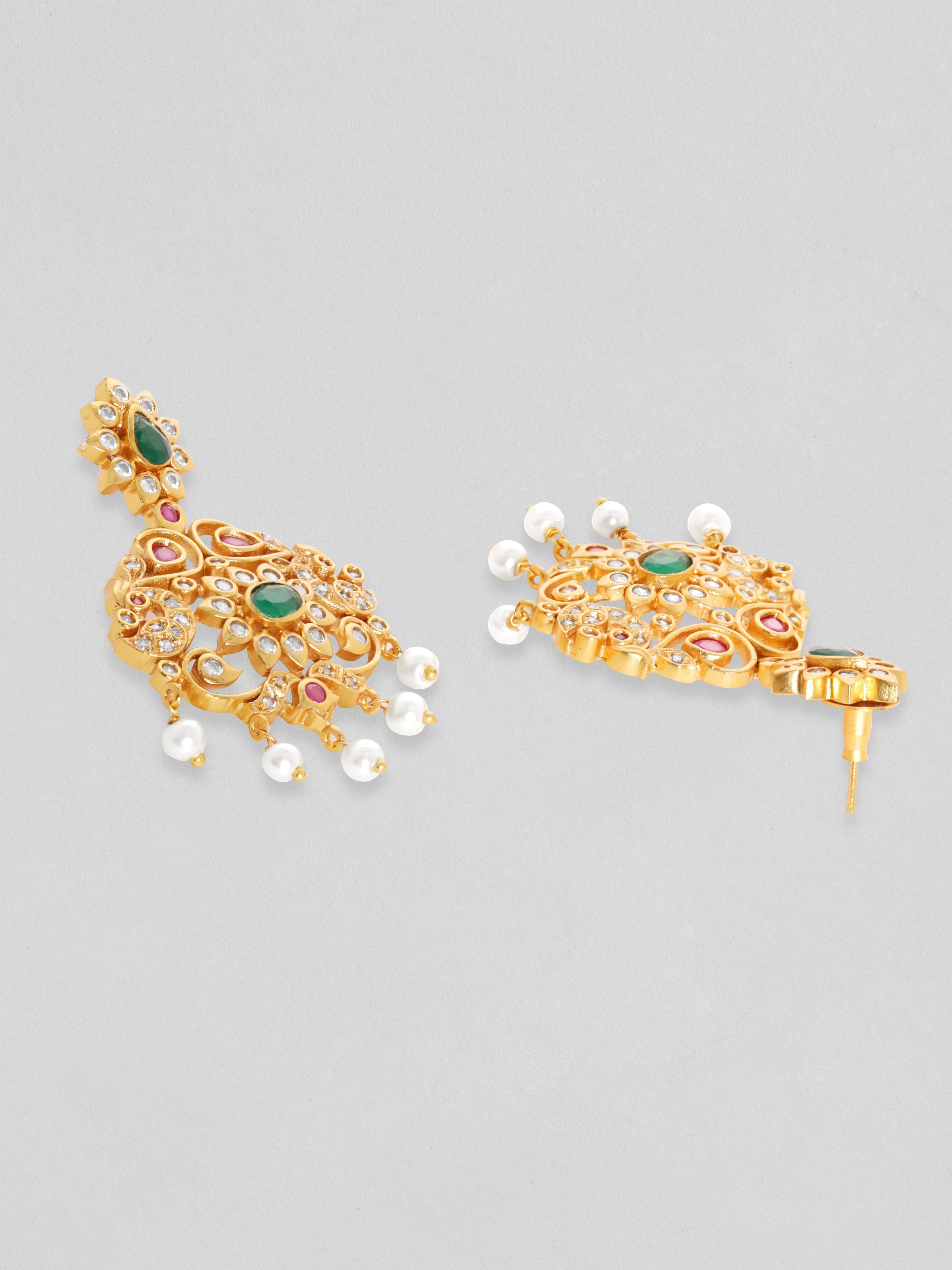 Wentra Women Gold-Plated Emerald Green & Cubic Zirconia Stone Studded Temple Jewellery Set