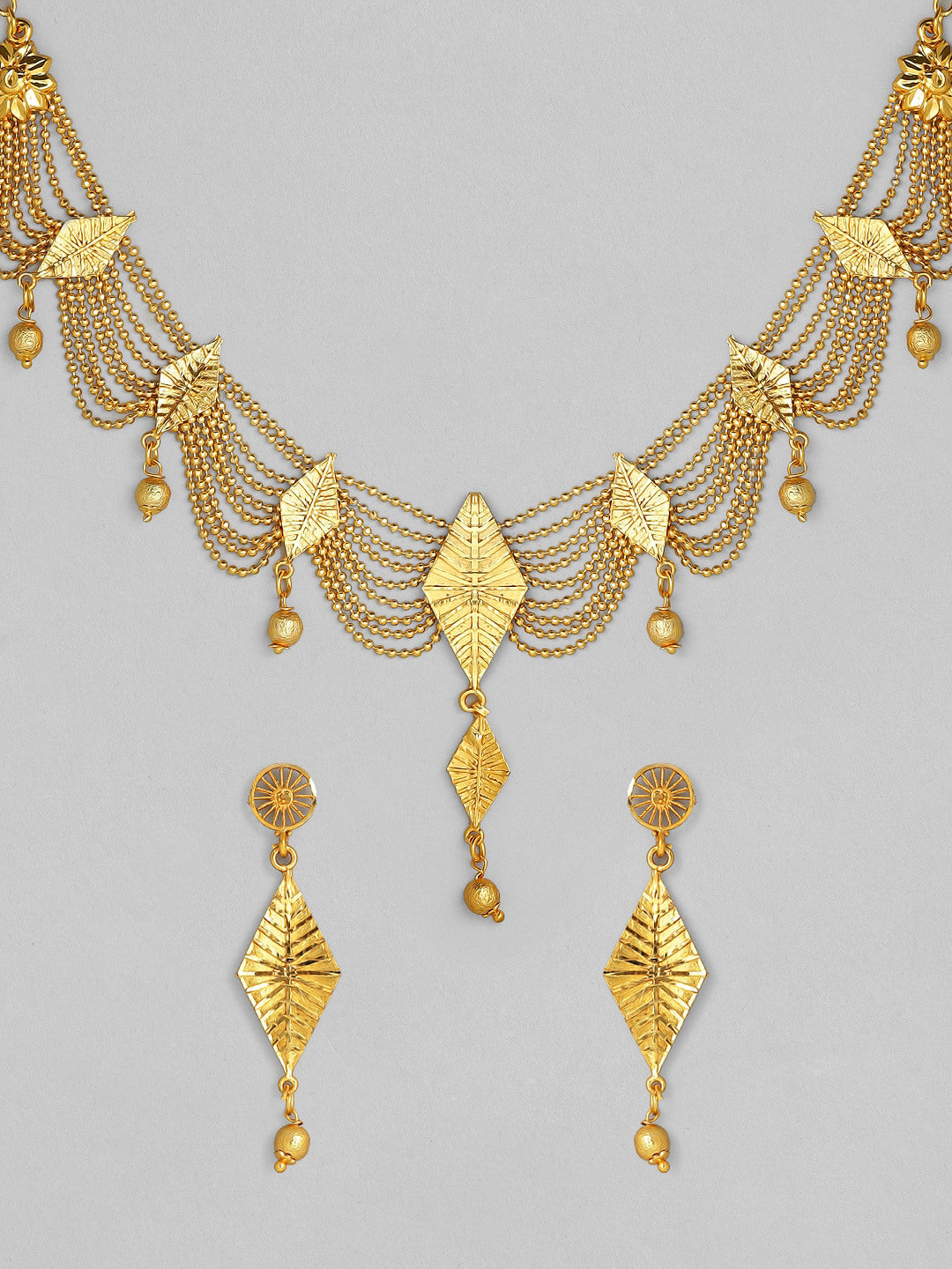 Wentra 22K Gold-Plated Multi-Strand Necklace Set with Leaf Motifs and Matching Drop Earrings for Womens & Girls