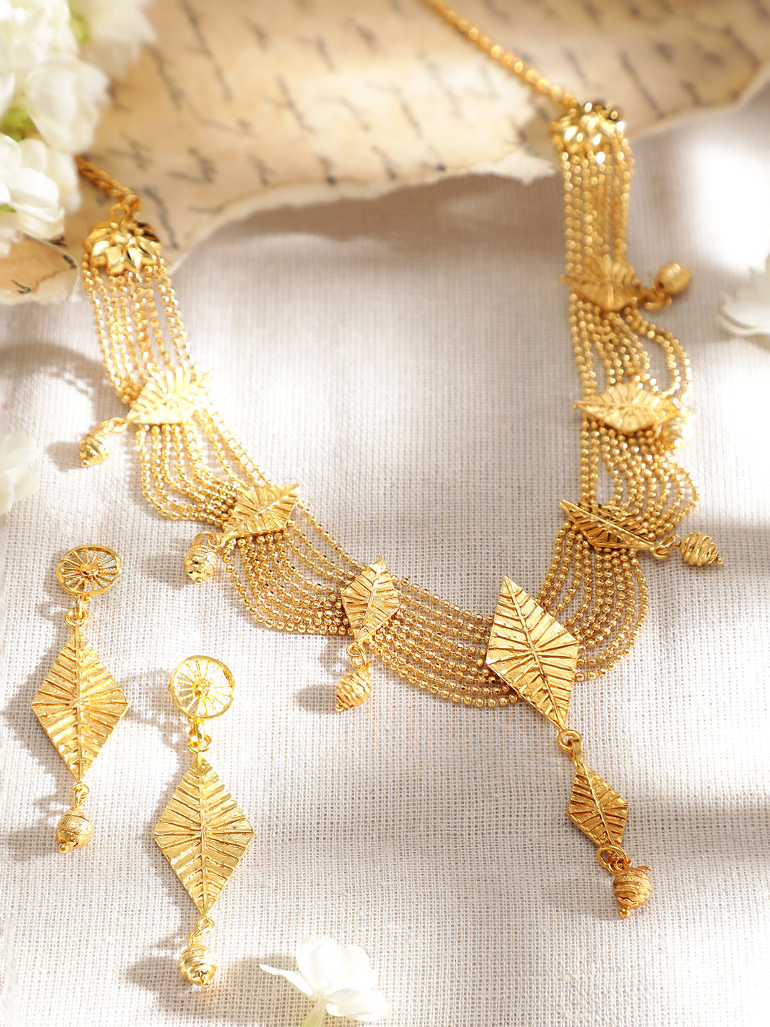 Wentra 22K Gold-Plated Multi-Strand Necklace Set with Leaf Motifs and Matching Drop Earrings for Womens & Girls