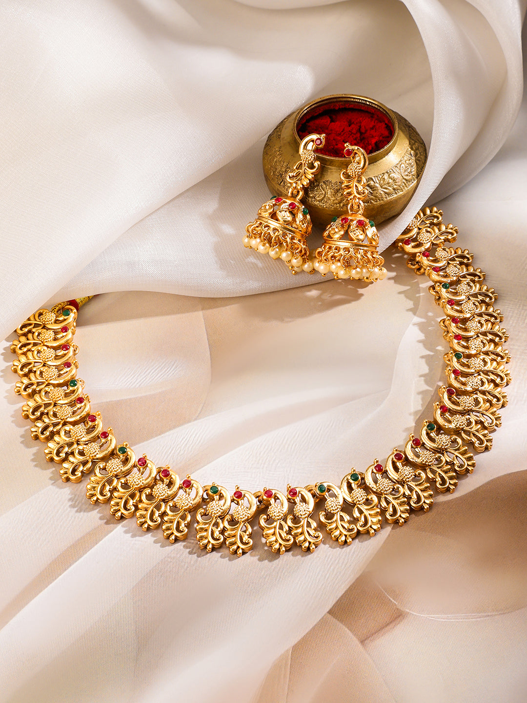 Wentra 22K Gold-Plated Ruby Red & Emerald Green Stone Studded Brass Necklace Jewellery Set