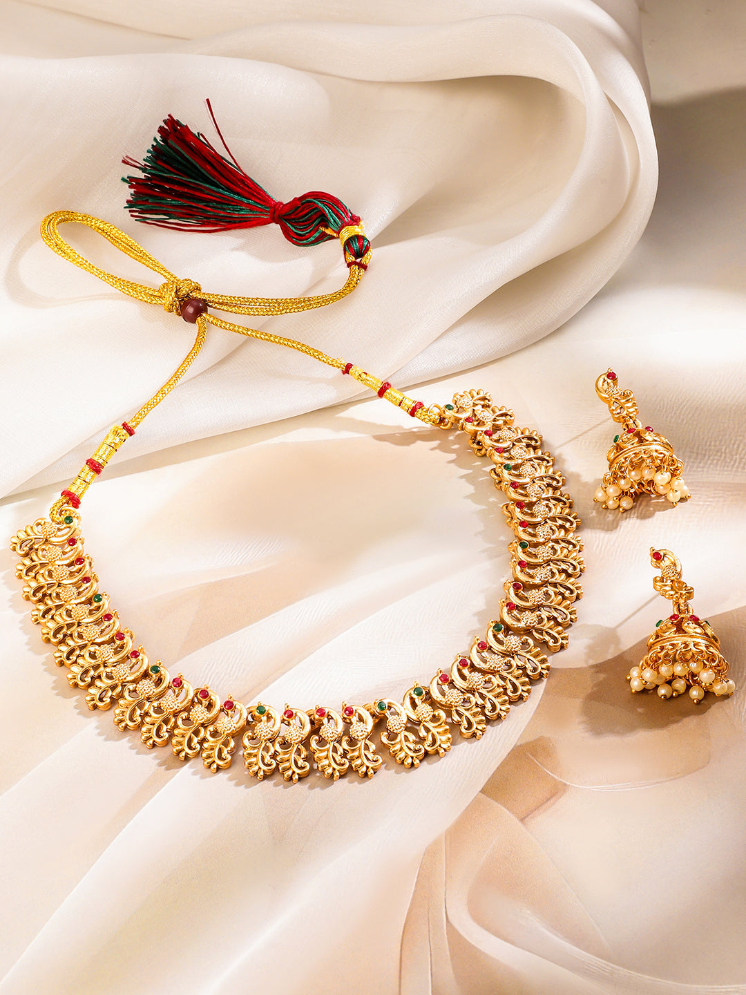 Wentra 22K Gold-Plated Ruby Red & Emerald Green Stone Studded Brass Necklace Jewellery Set
